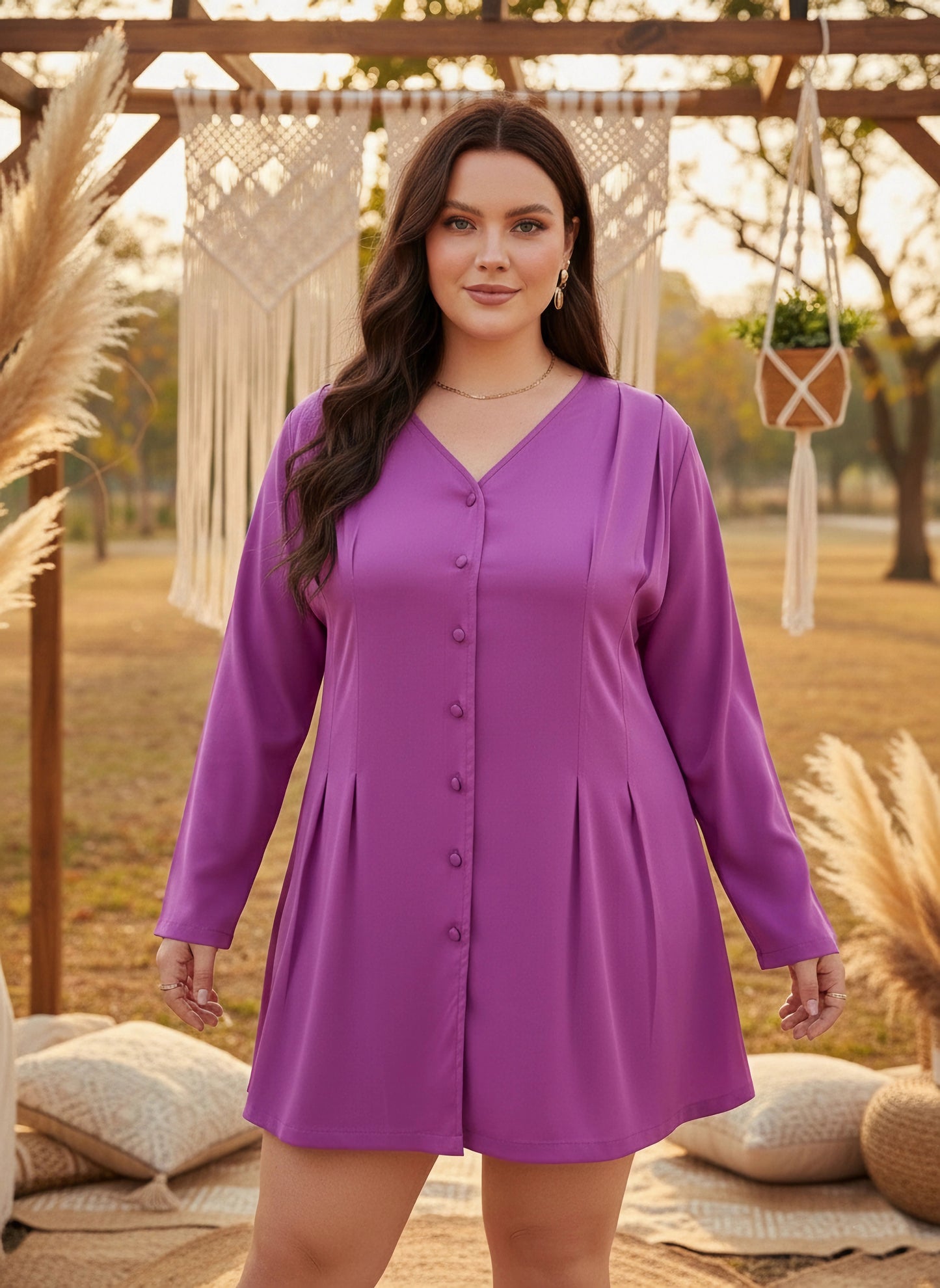 Plus Size Solid Purple V-Neck Front Button-Up Curve Hem Flared Mini Shirt Dress