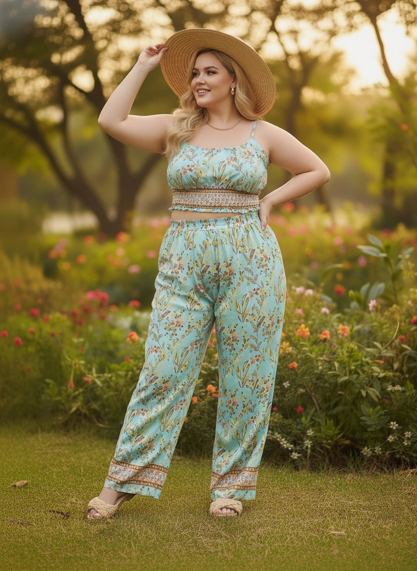 Berrylush Curve Women Green Floral Printed Square Neck Sleeveless Smocked Crop Top & Elastic Waist Two-Pockets Slip-On Maxi Trousers Co-Ord Set