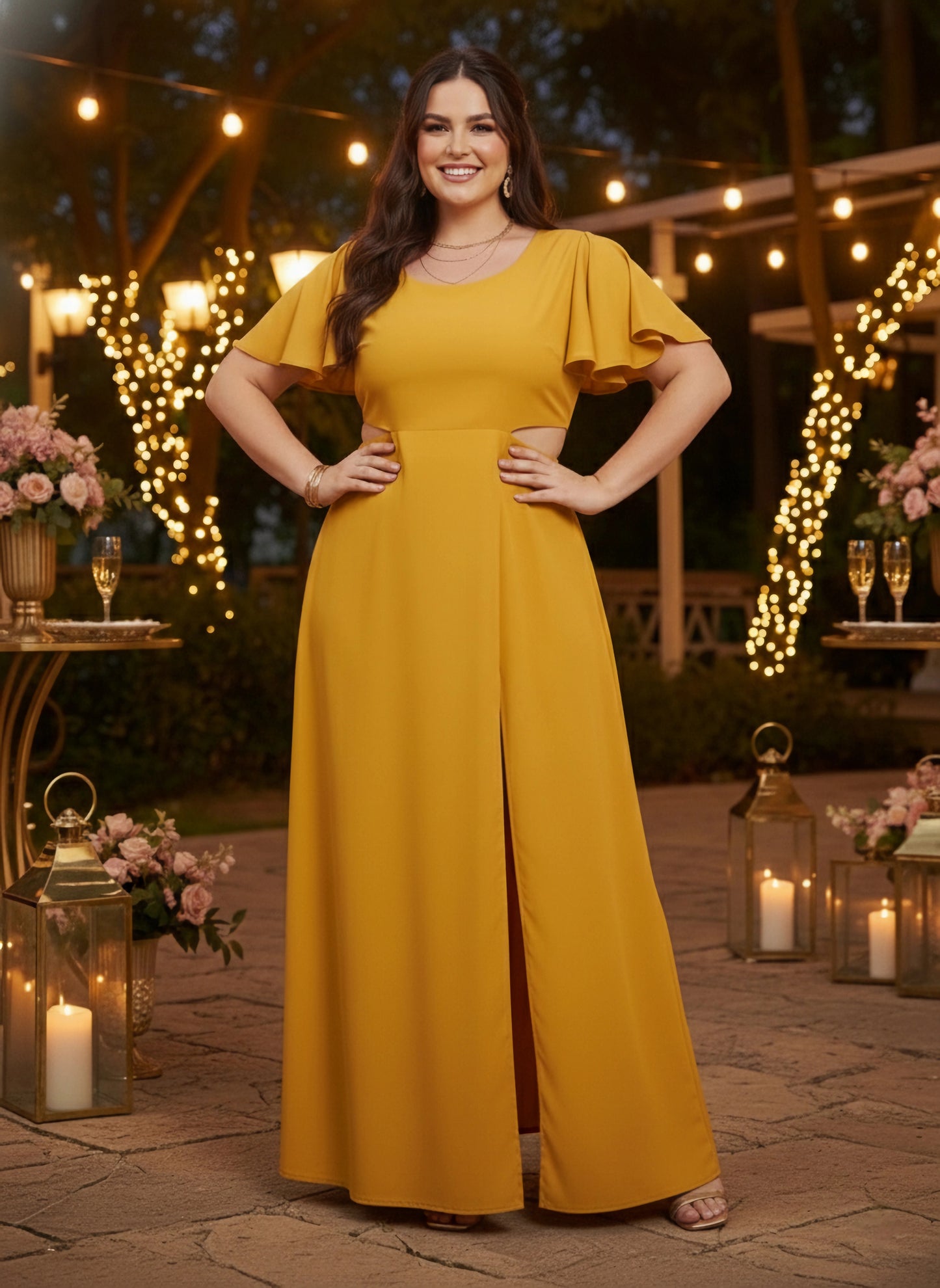 Plus Size Solid Yellow Round Neck Flutter Sleeve Back Cutout Thigh-High Slit Flared Maxi Dress