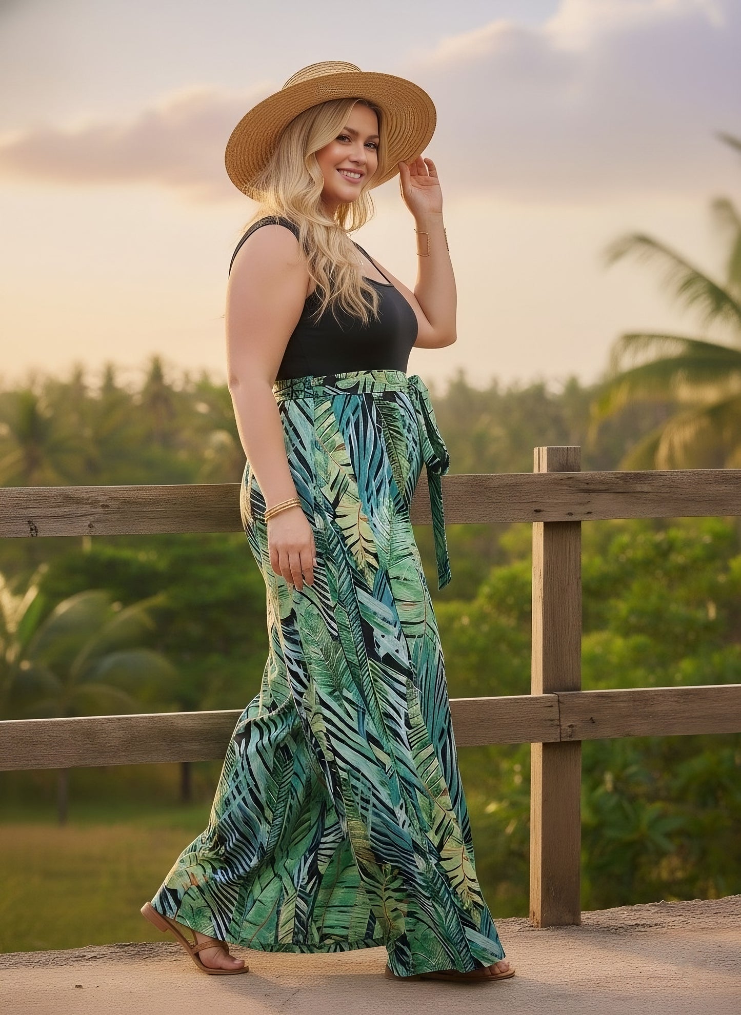 Berrylush Curve Women Black & Green Tropical Printed Square Neck Sleeveless Waist Tie-Up Wide-Leg Lined Maxi Jumpsuit