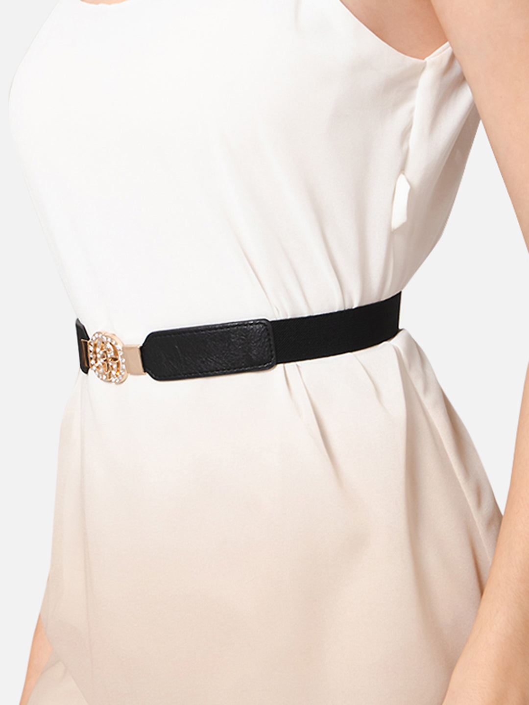 Berrylush Women Solid Black Golden Embellished Diamond Studded PU Nylon Interlock Regular Slim Belt