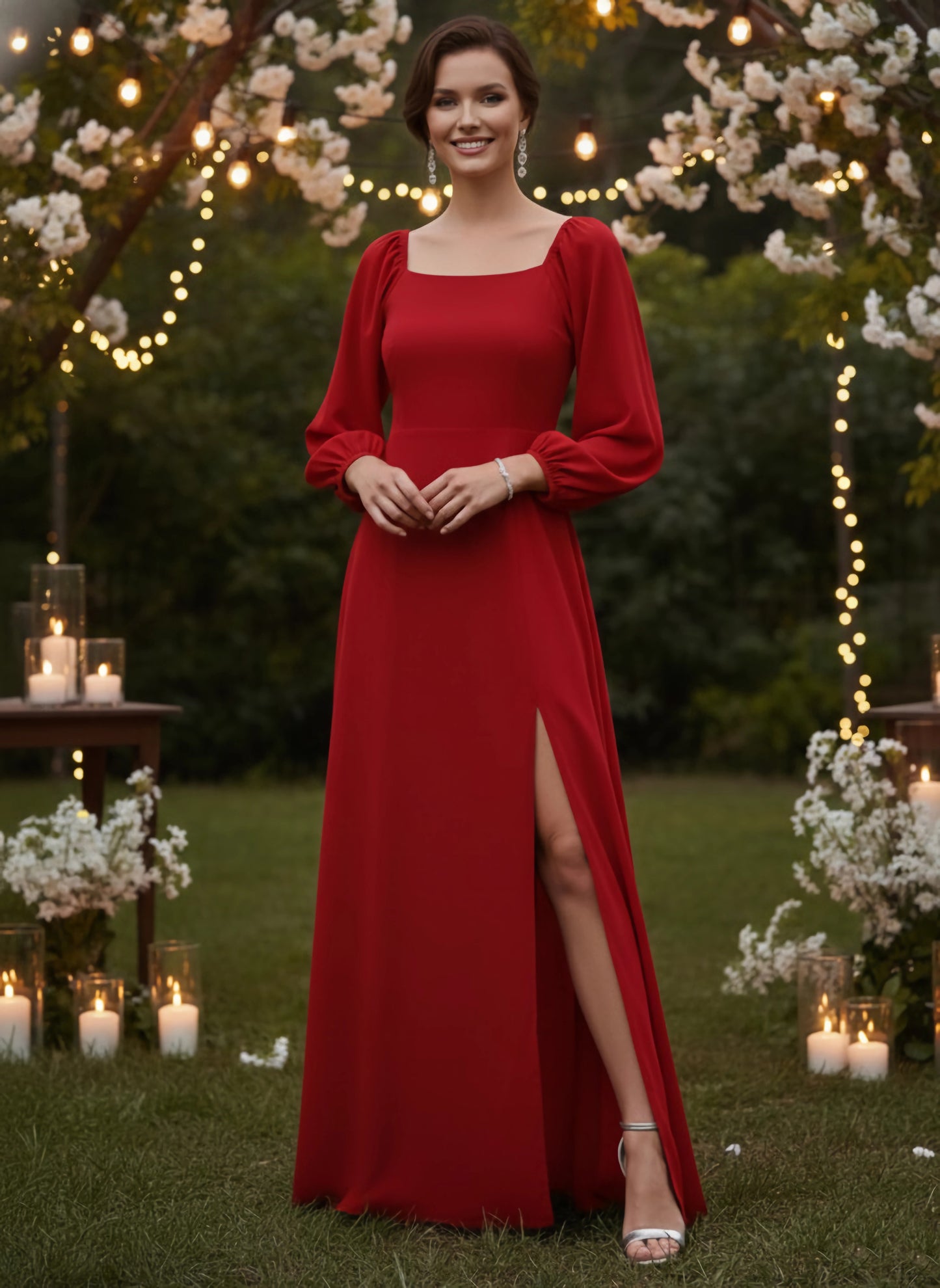 Berrylush Women Solid Red Square-Neck Thigh-Slit Maxi Dress