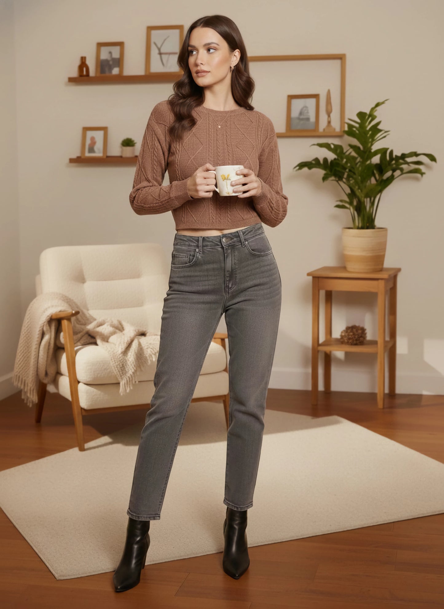 Berrylush Women Solid Brown Round Neck Acrylic Back Tie-Up Ribbed Hem Cable Knitted Crop Sweater