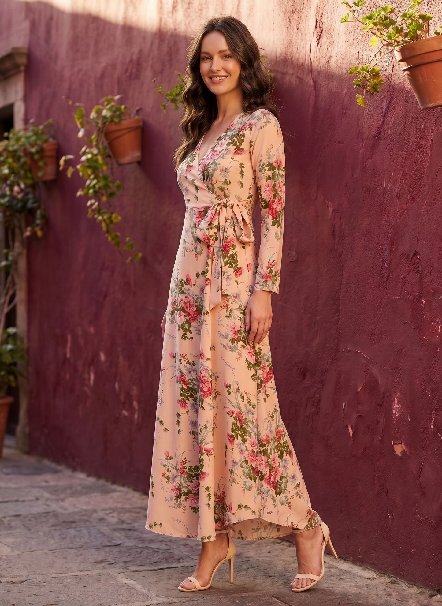 Berrylush Women Beige Floral Printed V-Neck Wrap Style Maxi Dress