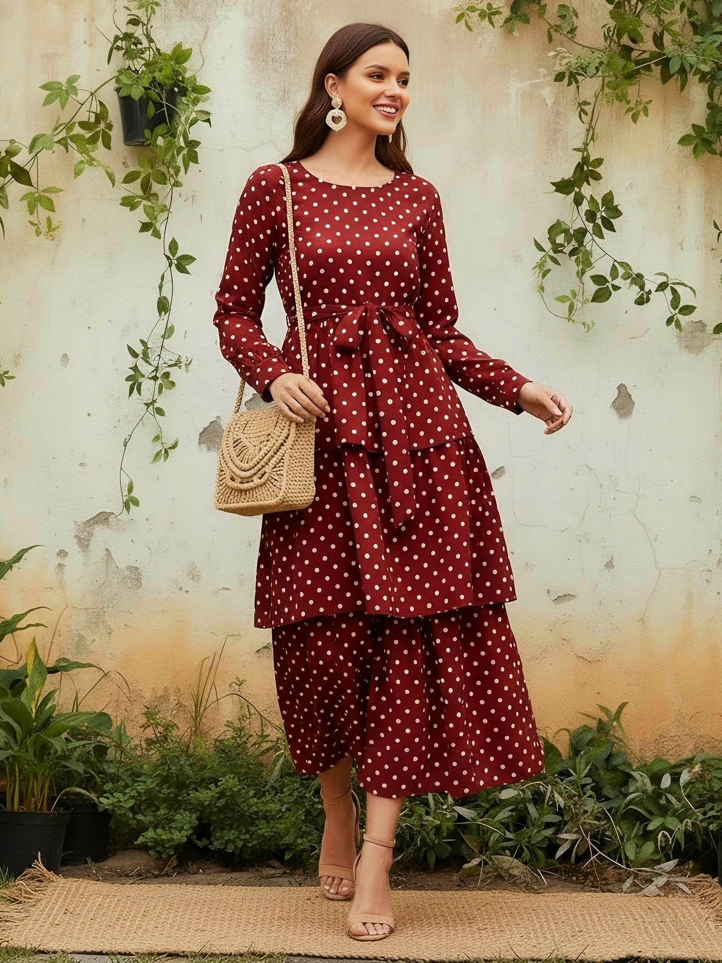 Berrylush Women Red Polka Dot Printed Round-Neck Tiered Fit & Flare Maxi Dress