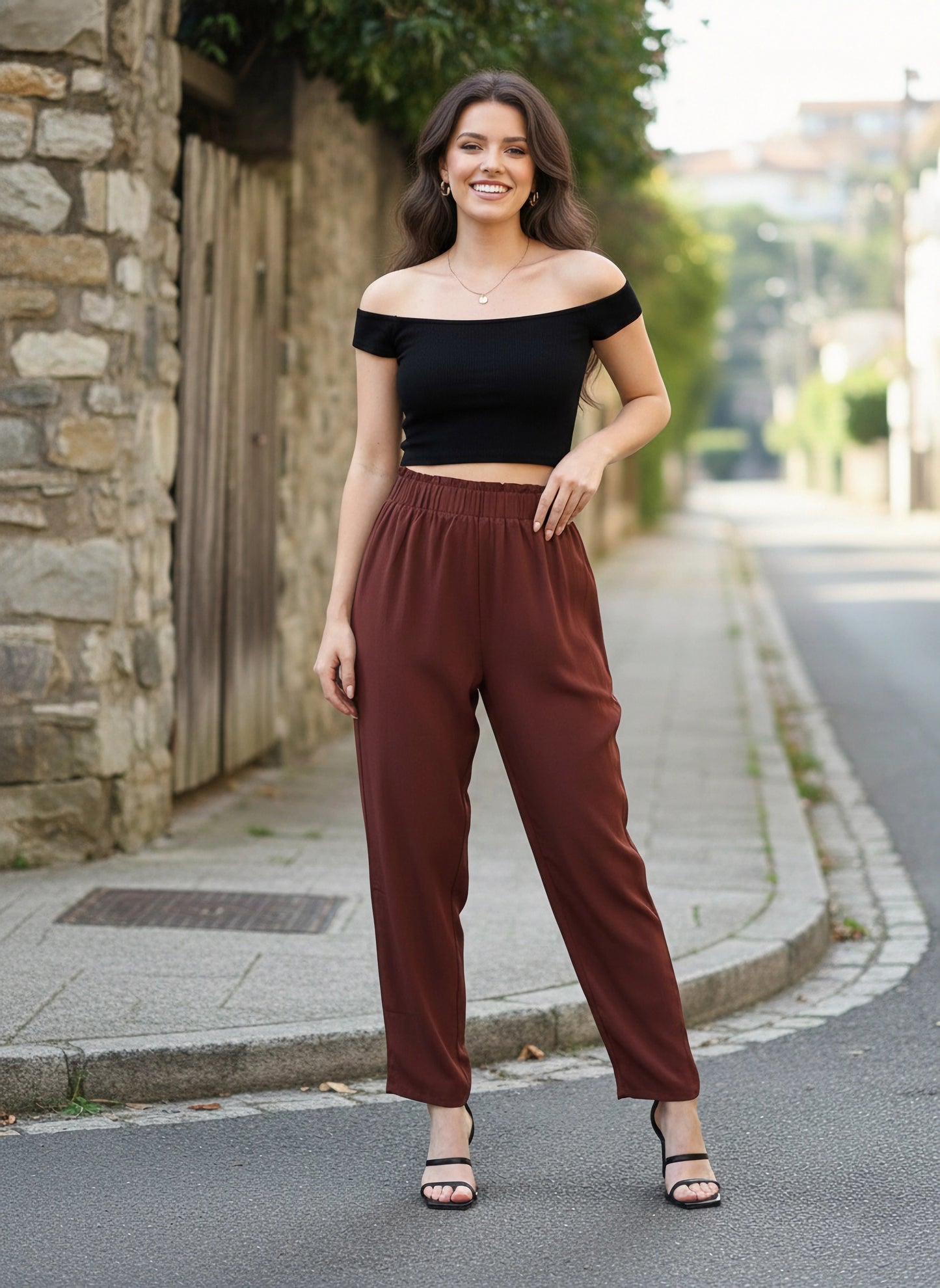 Berrylush Women Solid Maroon Elastic Waist High-Rise Wide Leg Flared Trousers