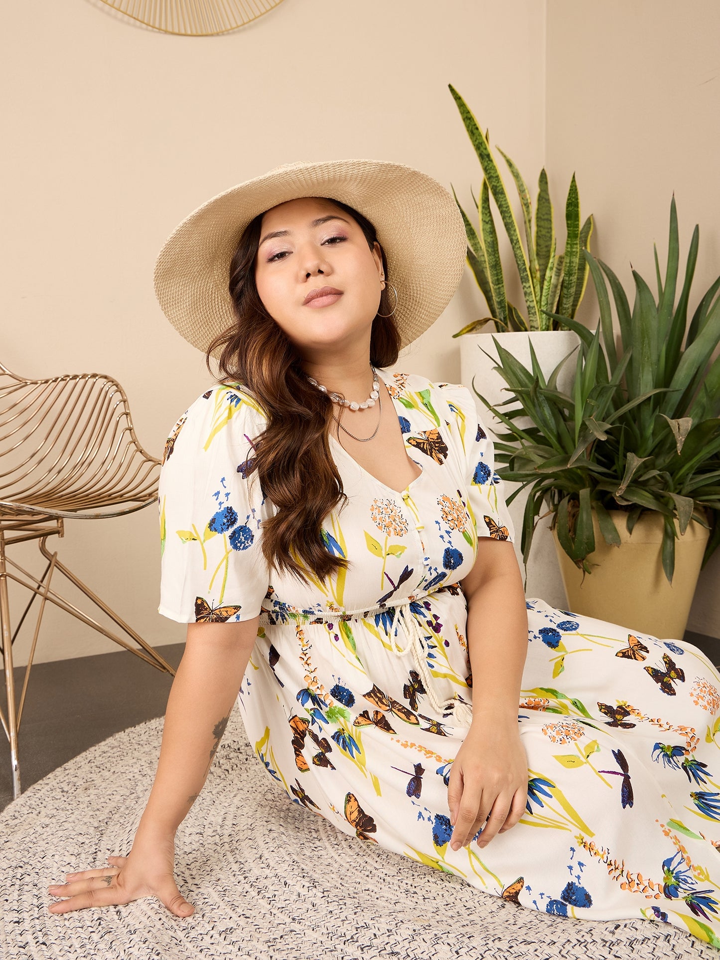 Berrylush Curve Women White, Blue, & Orange Butterfly Floral Printed V-Neck Tie-Up Waist Thigh-High Slit Flared A-Line Maxi Dress