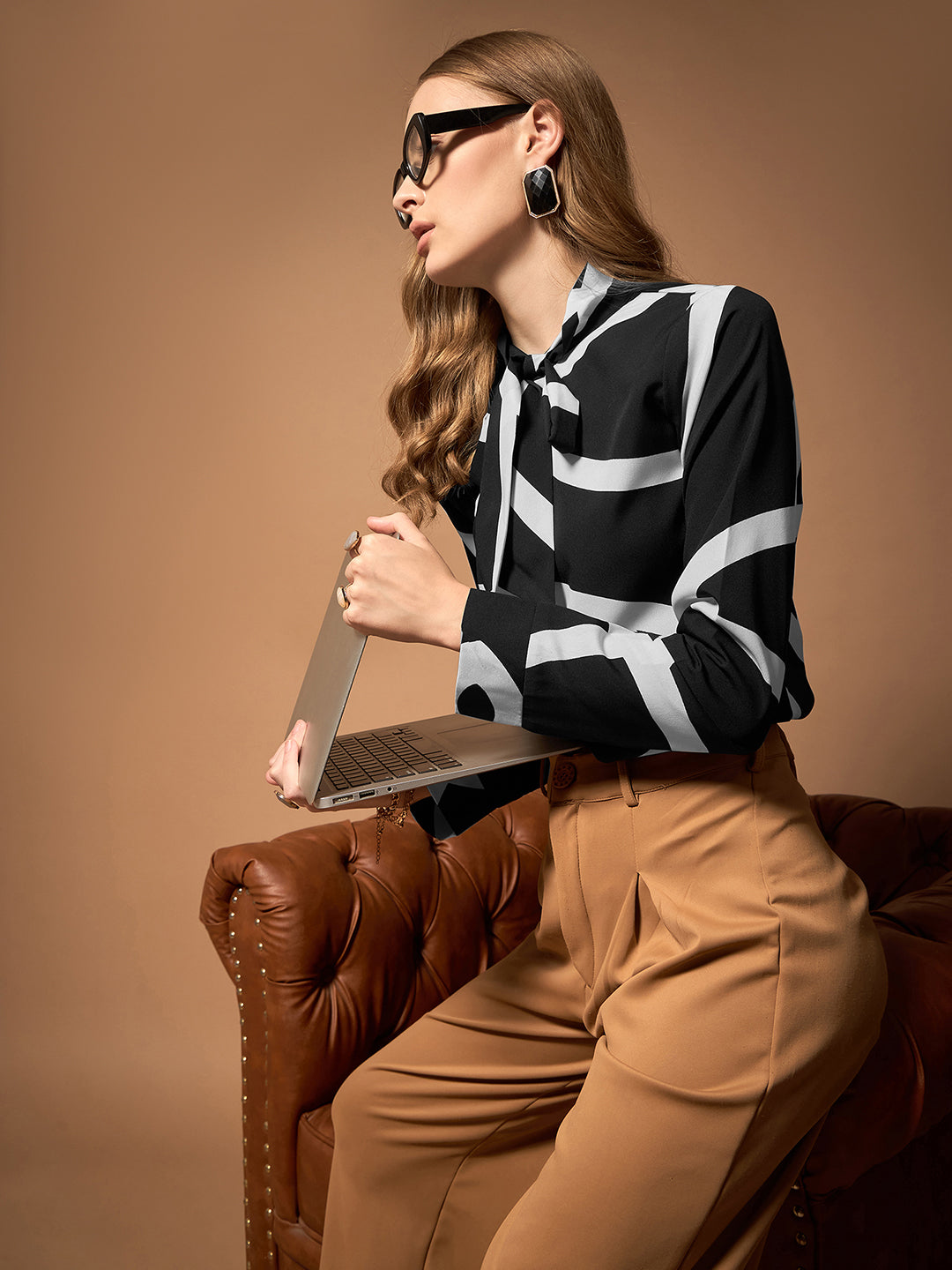 Berrylush BIZwear Women Black & White Geometric Printed Tie-Up Neck Long Sleeves Regular Top