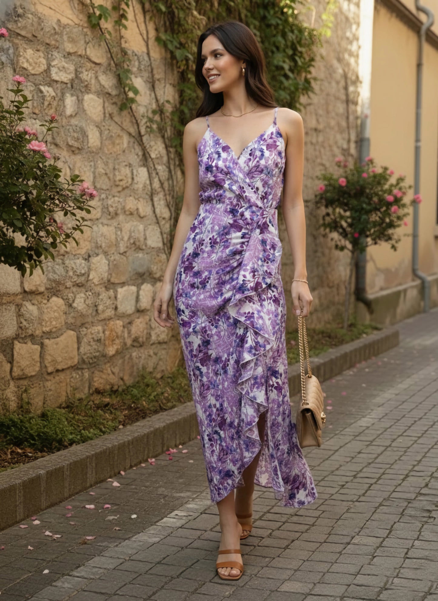 Berrylush Women White Floral Printed Asymmetric Hem Maxi Dress
