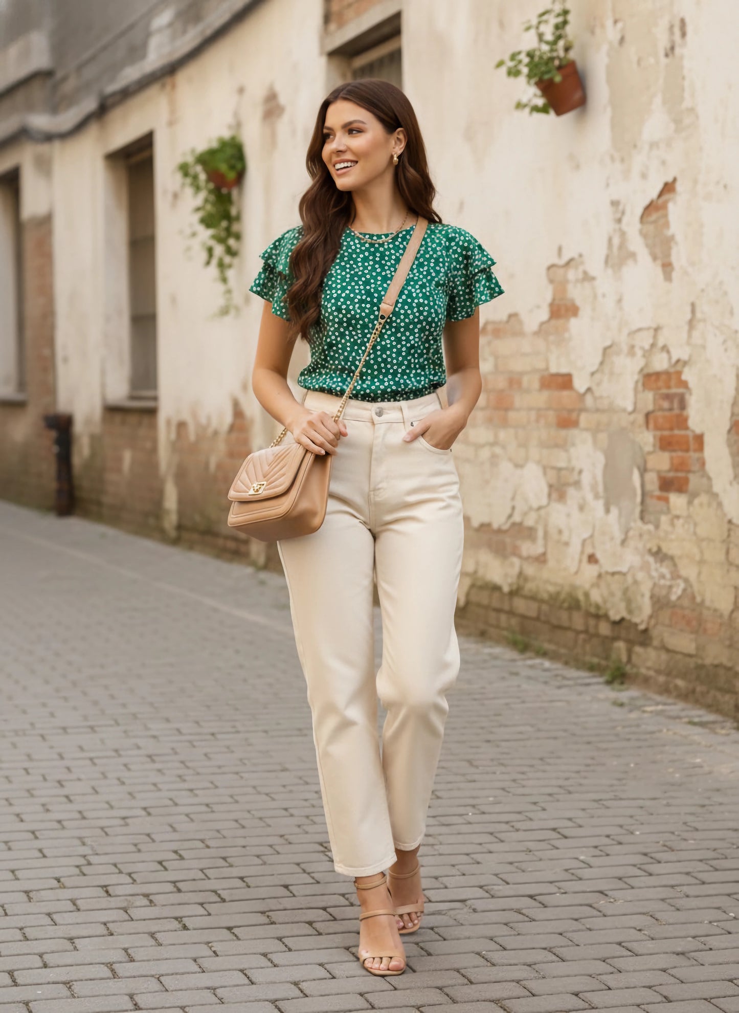 Green & White Floral Printed Round Neck Batwing Sleeves Ruffled Regular Top