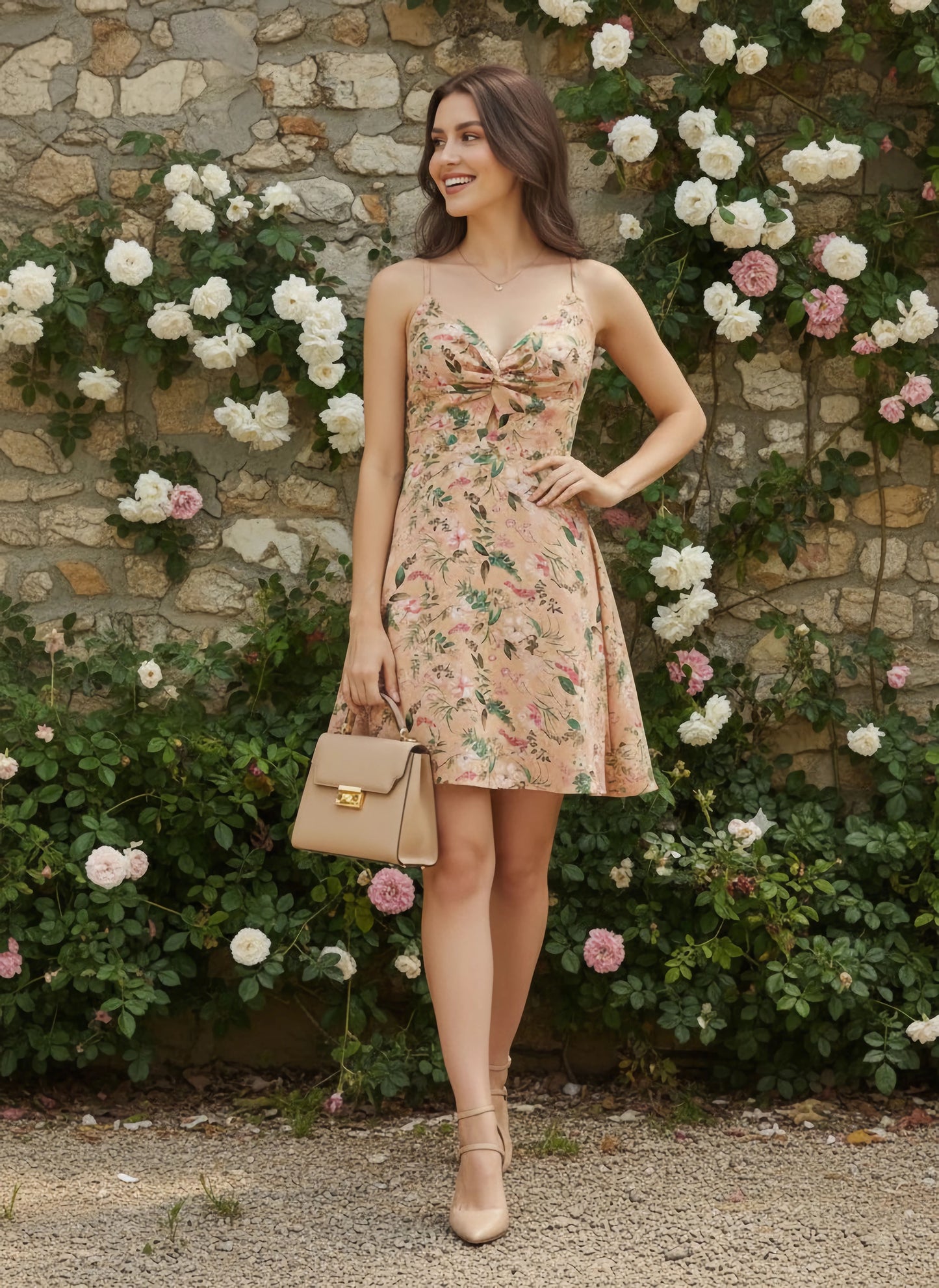 Berrylush Women Beige Floral Print Front Knot V-Neck Mini Dress