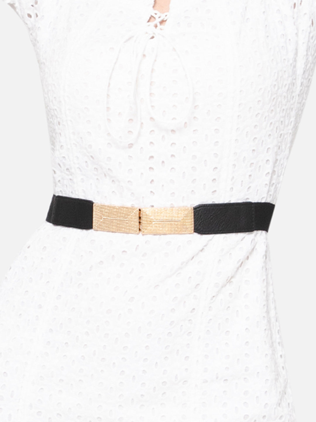 Berrylush Women Solid Black Golden Embellished PU Nylon Interlock Regular Slim Belt