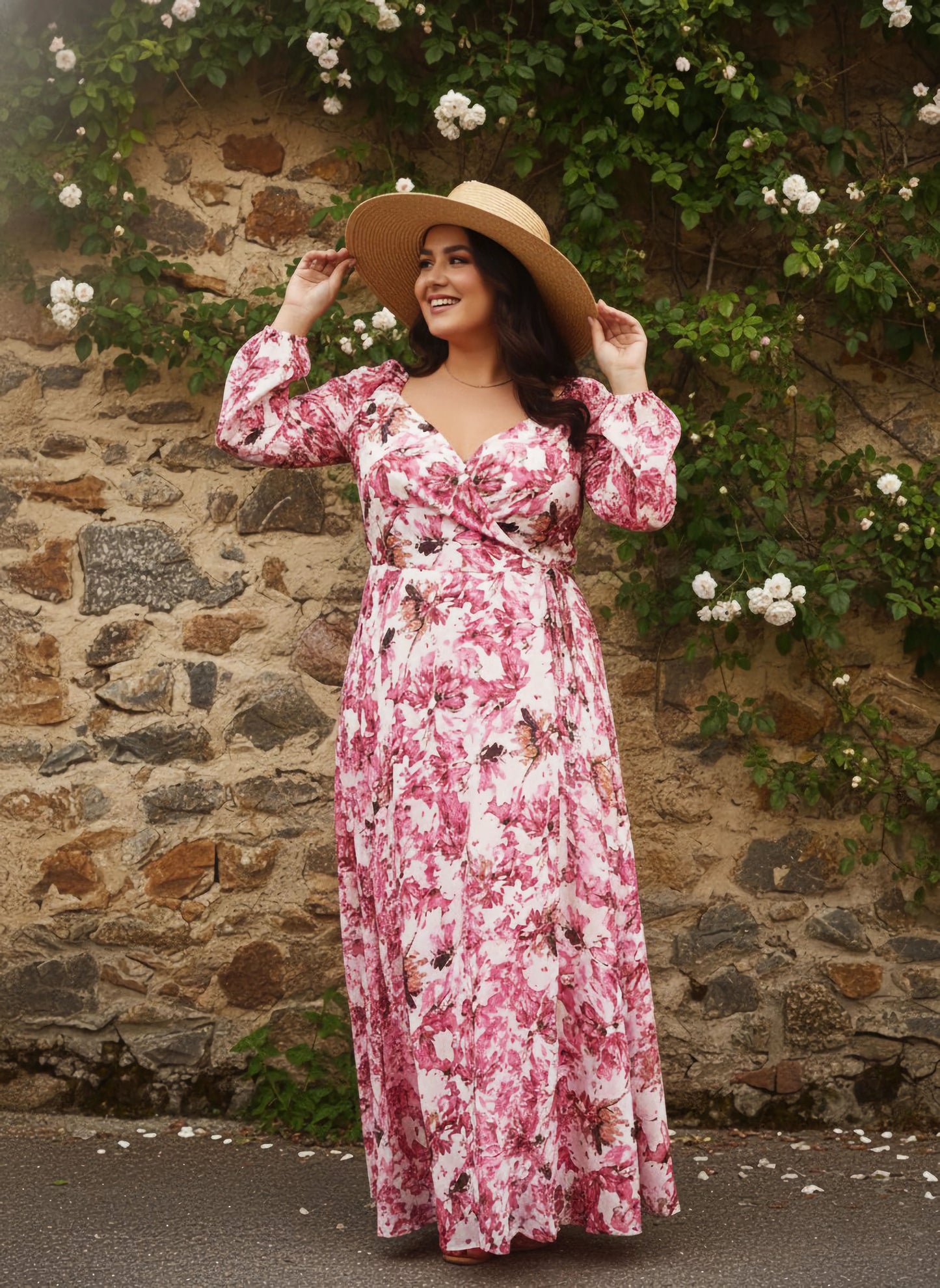 Berrylush Curve Women Pink Floral Printed Sweetheart Neck Waist Tie-Up Georgette Pleated Wrap Maxi Dress