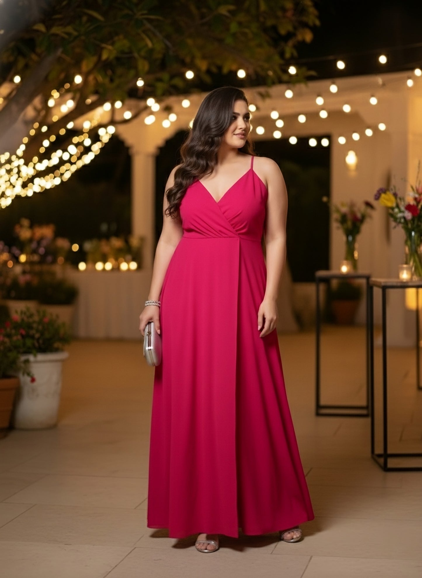 Berrylush Women Plus Size Solid Pink V-Neck Sleeveless Crepe Thigh-High Slit Fit & Flare Wrap Maxi Dress