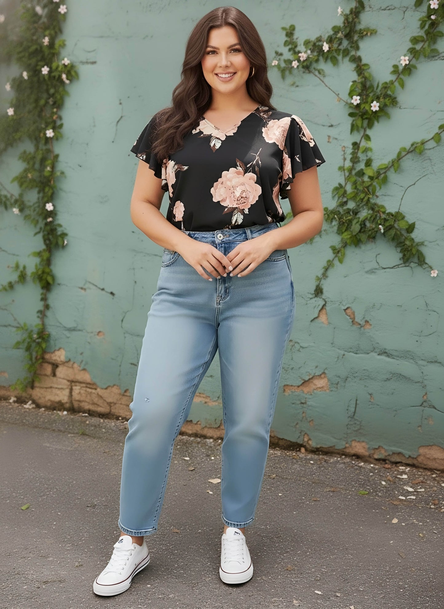 Berrylush Curve Women Black & Pink Floral Printed V-Neck Flutter Sleeves Slip-On Regular Top