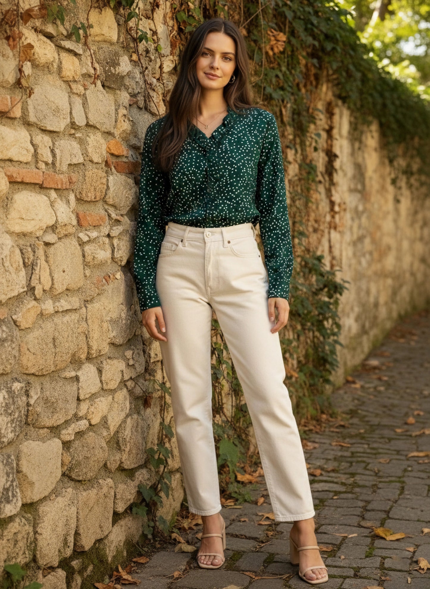 Green & White Polka Dot Printed V-Neck Long Sleeves Pleated Regular Top