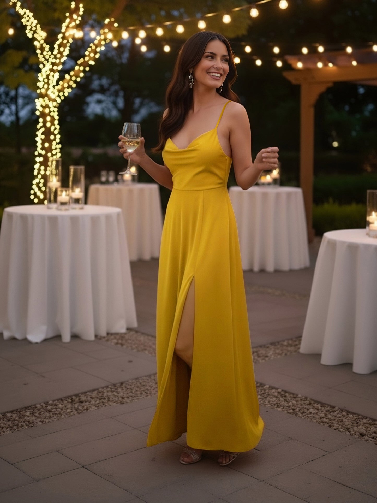 Berrylush Women Solid Yellow Cowl Neck Sleeveless Lace-Up Backless Thigh-High Slit Flared Maxi Dress