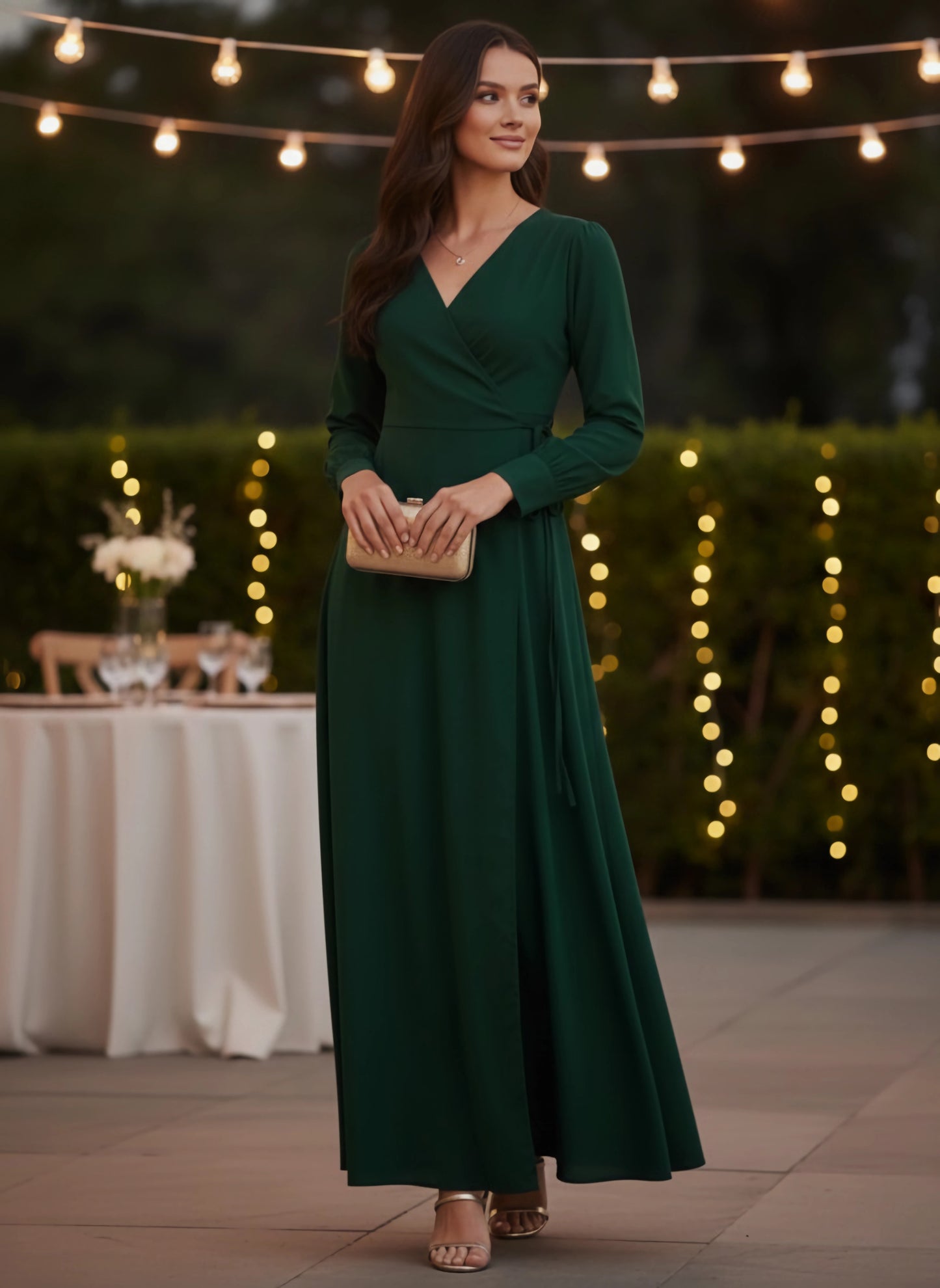 Berrylush Women Solid Dark Green V-Neck Tie-Up Wrap Maxi Dress