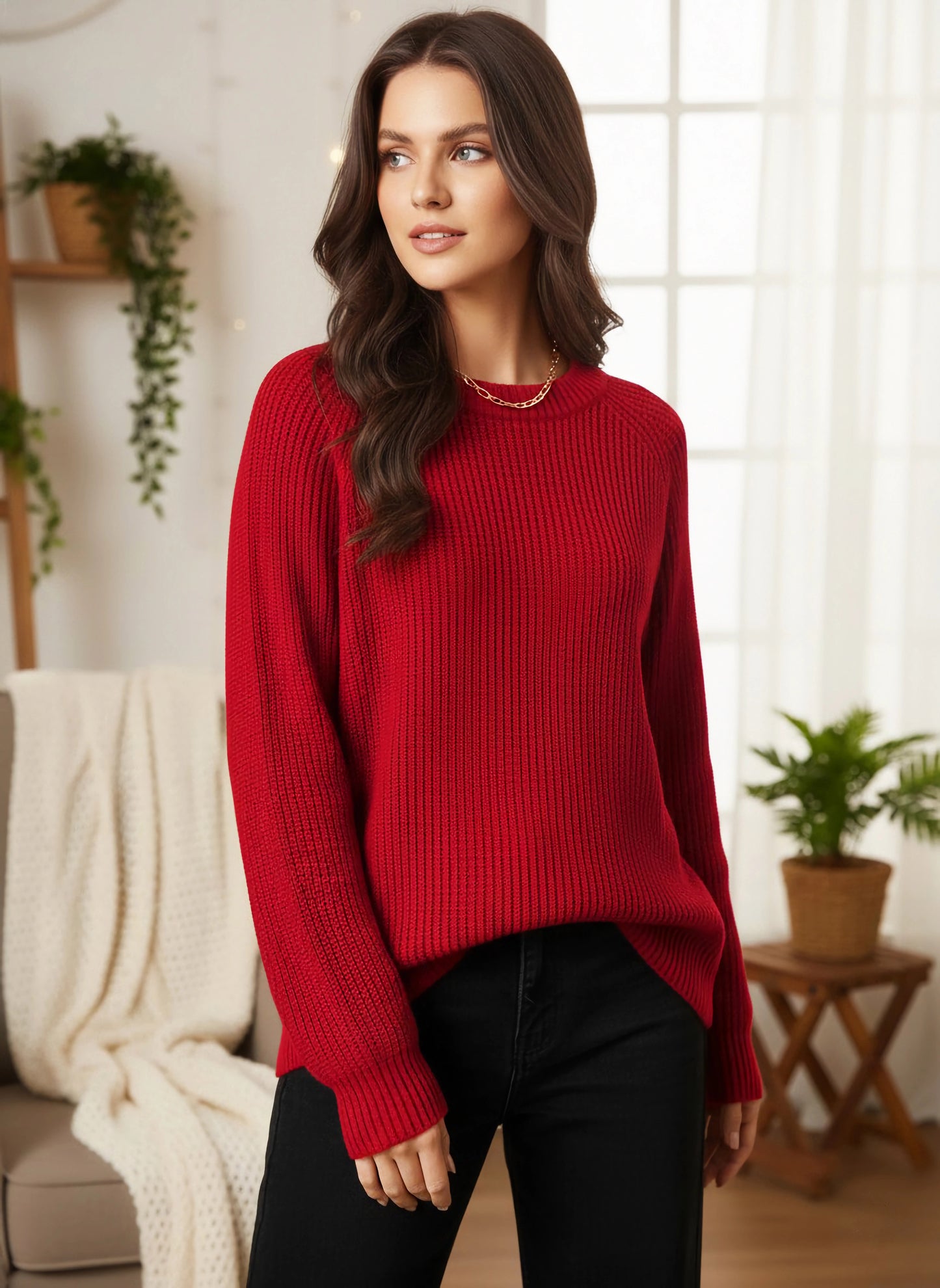 Berrylush Women Solid Red Round Neck Raglan Sleeve Acrylic Curved Hem Longline Pullover