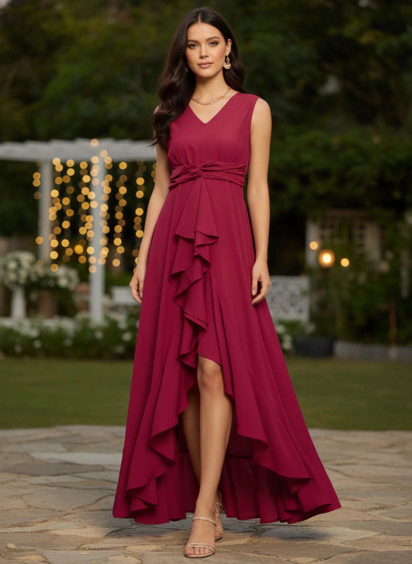 Berrylush Women Solid Red V-Neck Sleeveless High-Low Hem Ruffled A-Line Maxi Dress