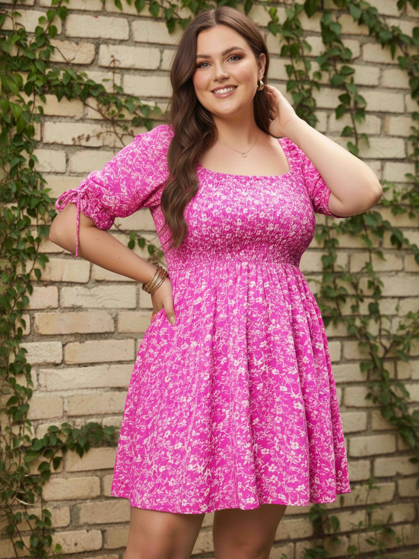 Berrylush Curve Women Pink & White Floral Printed Square Neck Bishop Sleeves Tie-Up Smocked A-Line Mini Dress