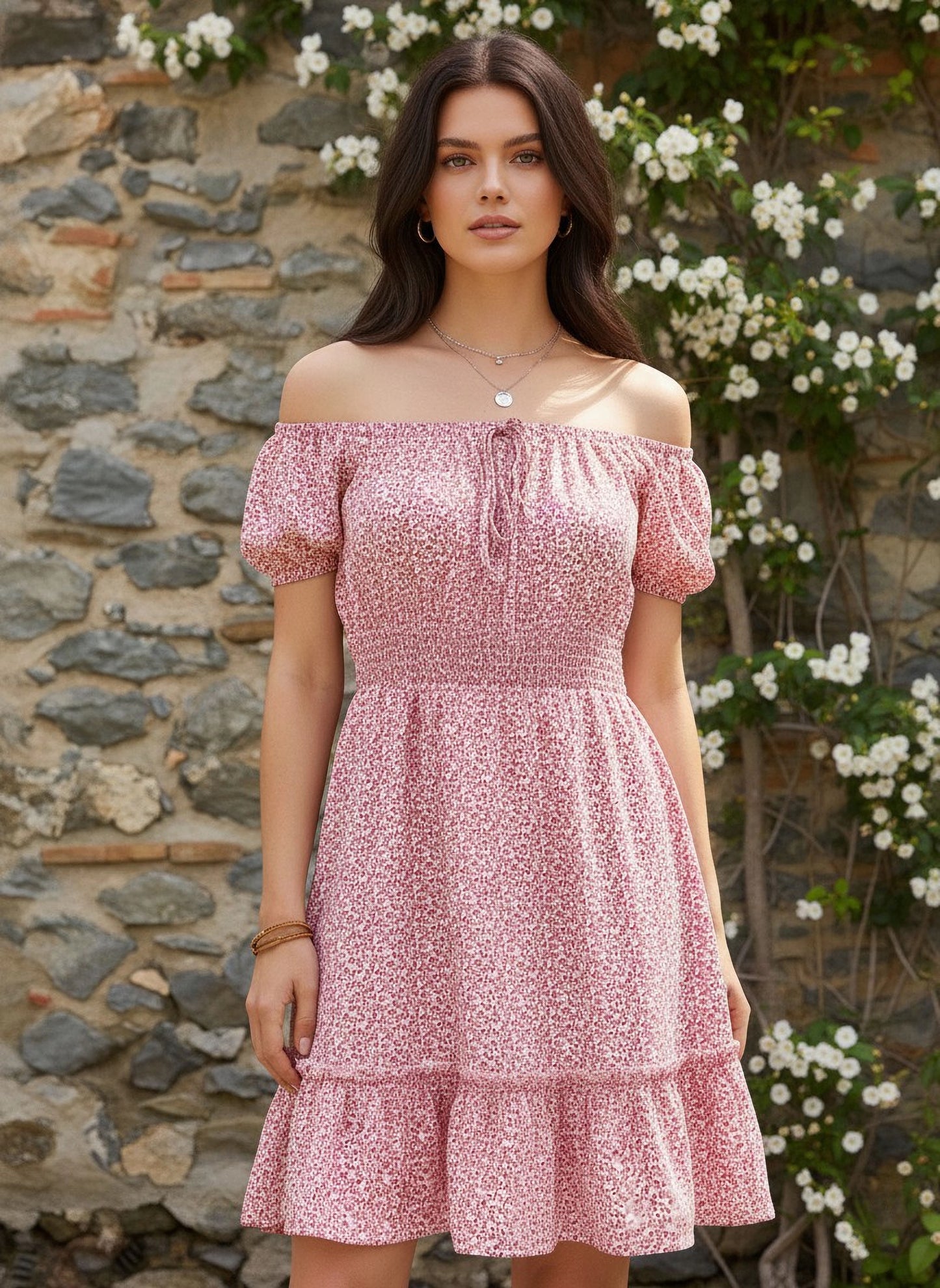 White & Pink Floral Printed Off-Shoulder Neck Front Tie-Up Pleated Fit & Flare Mini Dress