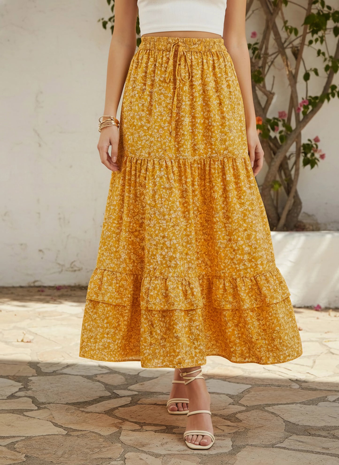 Berrylush Women Yellow & White Floral Printed High-Rise Elastic Waist Tie-Up Pleated A-Line Maxi Skirt