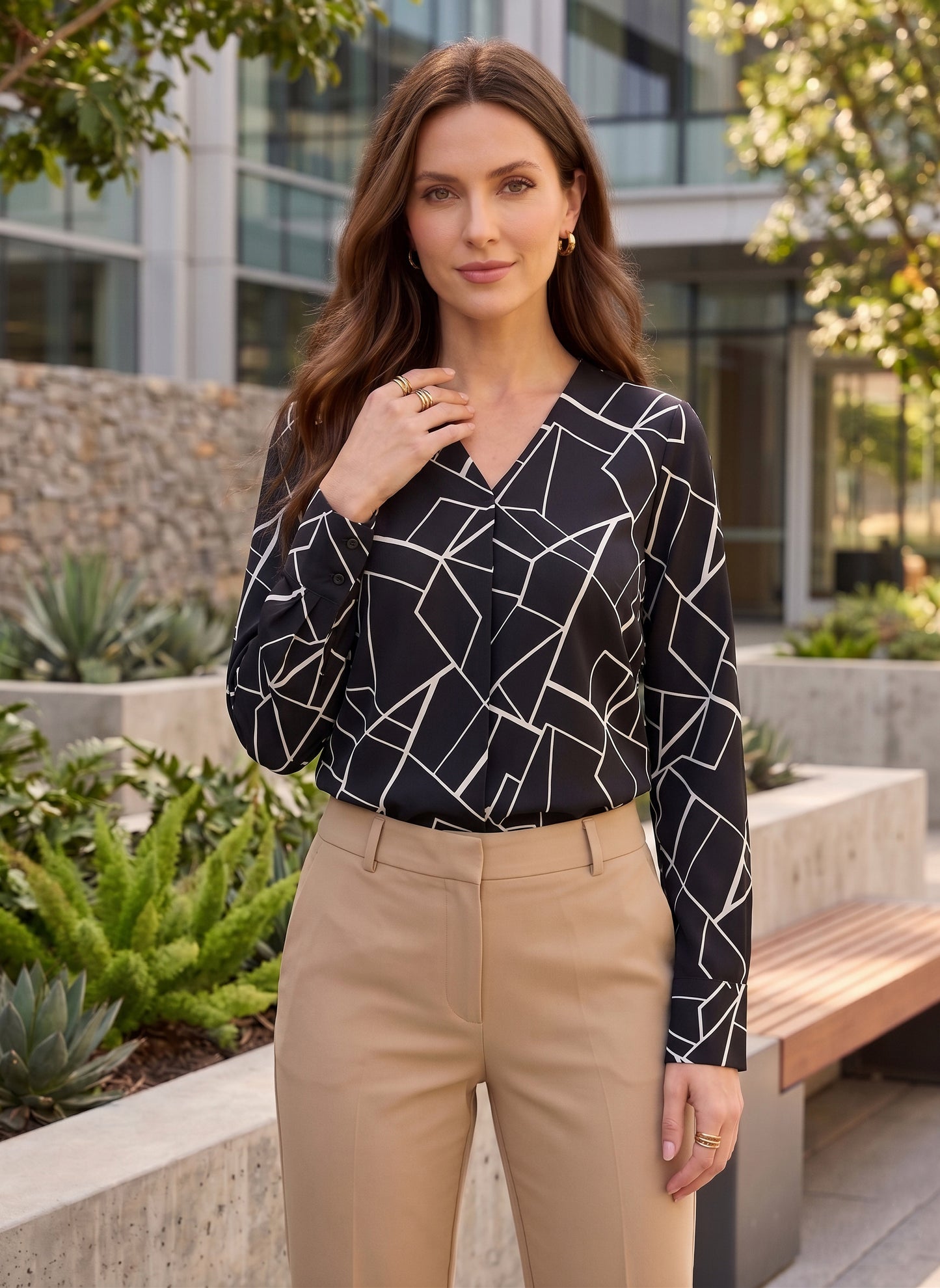 BIZwear Black & White Geometric Printed Spread Collar Neck Button-Up Curved Hem Regular Shirt