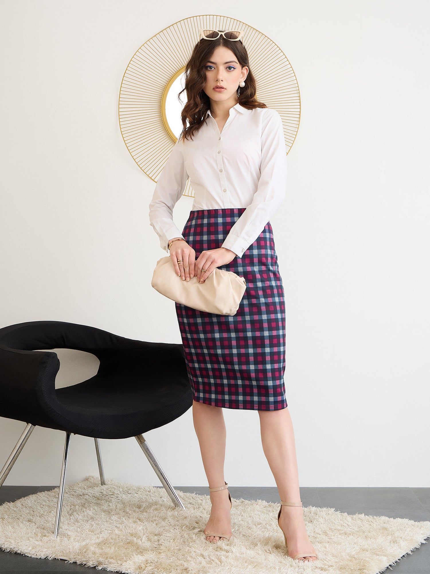 Berrylush BIZwear Women Multi Color Check High Rise Pencil Midi Skirt