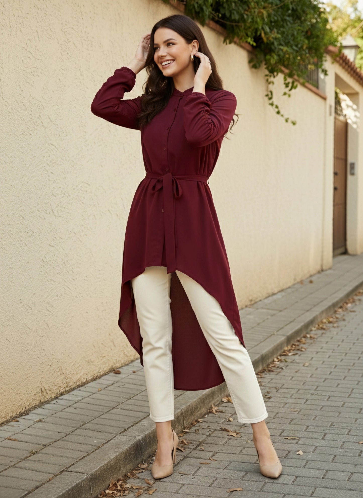 Solid Maroon Stand Collar Neck Bishop Sleeves Tie-Up Waist Front Button-Up High-Low Hem Pleated Longline Top