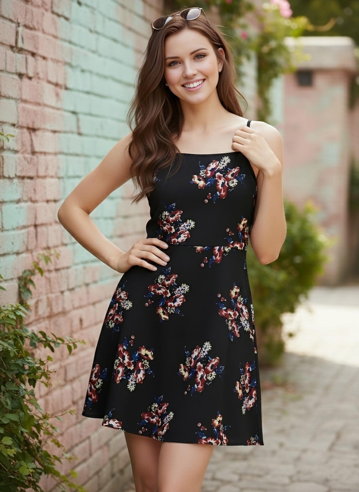 Berrylush Women Black & Red Floral Printed Sleeveless Fit & Flare Mini Dress