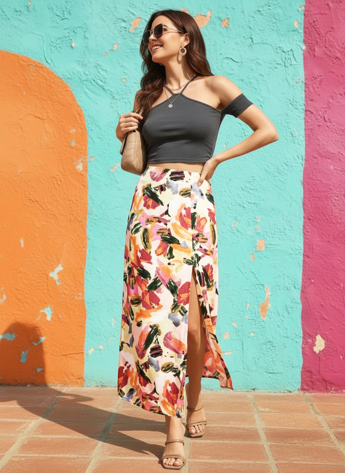 Berrylush Women Pink Brushstroke Printed Thigh-Slit Midi Skirt