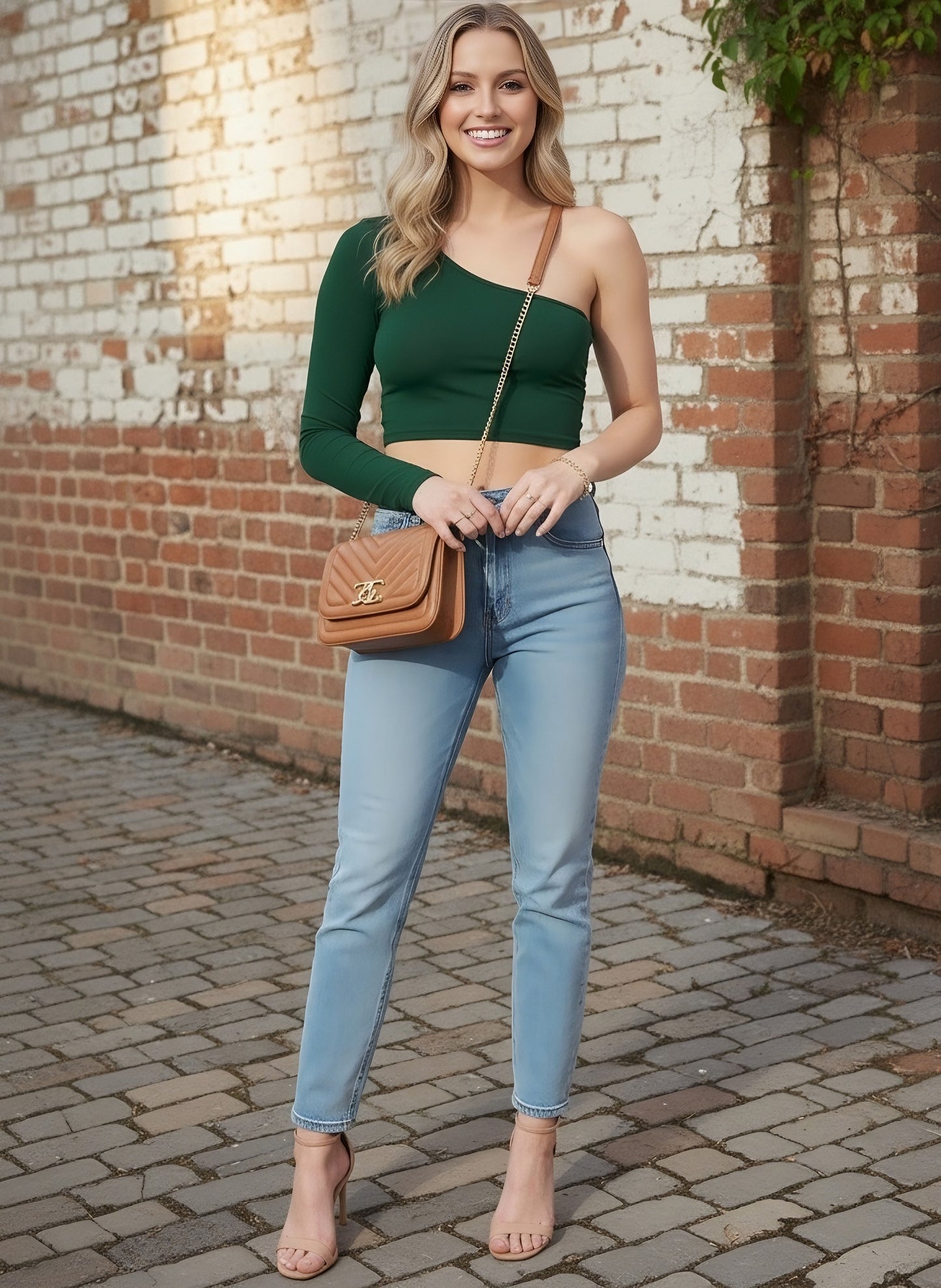 Berrylush Women Solid Green One-Shoulder Neck Back Cutout Knitted Crop Top