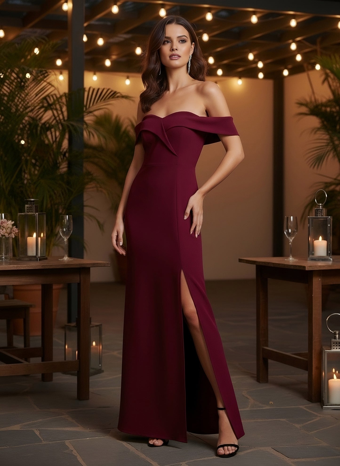 Berrylush Women Solid Maroon Off-Shoulder Neck Sleeveless Flap Front Thigh-High Slit Flared A-Line Maxi Dress
