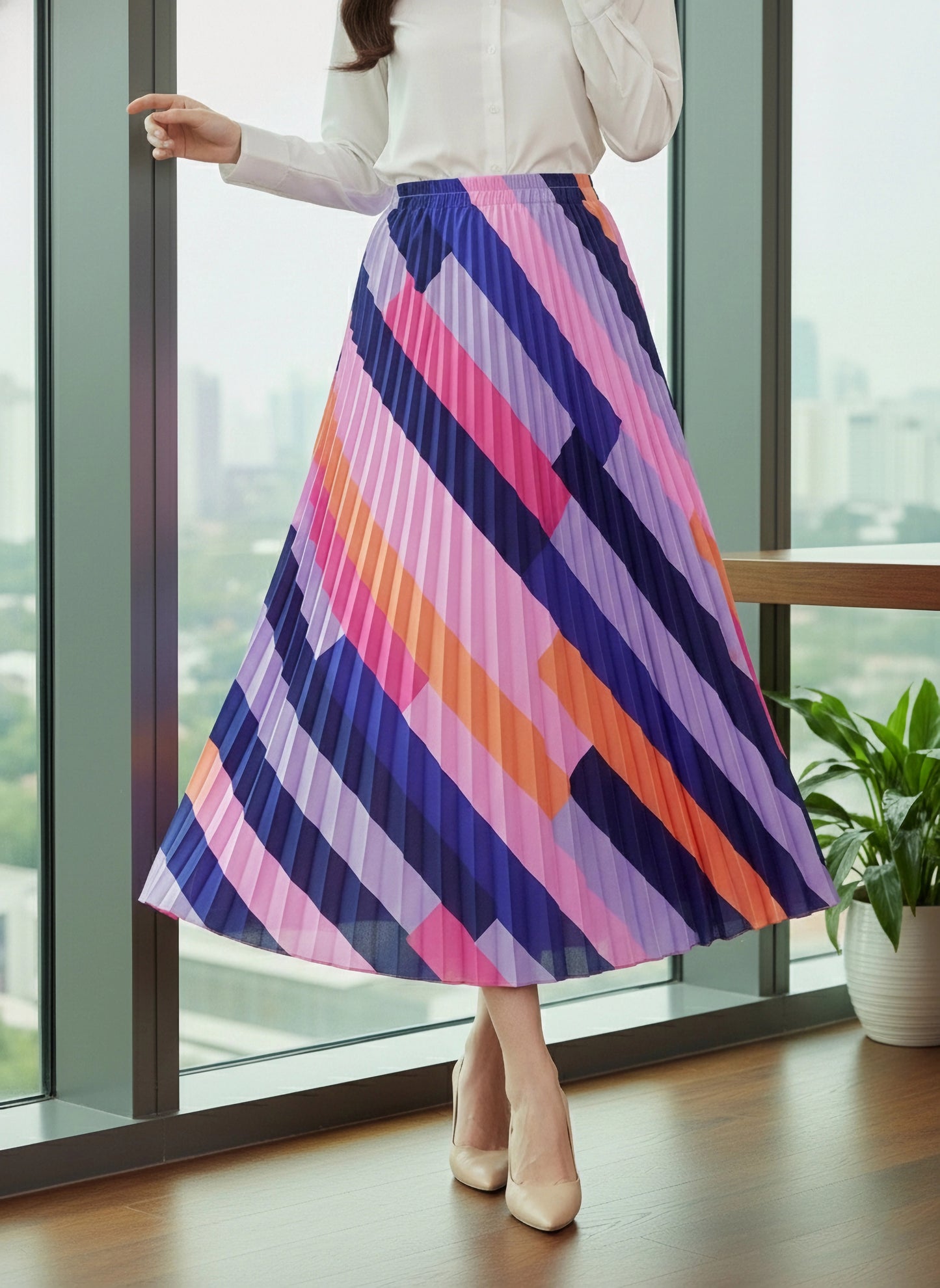 BIZwear Multicolour Colourblock Printed Elastic High-Rise Waist Straight Hem Pleated A-Line Midi Skirt