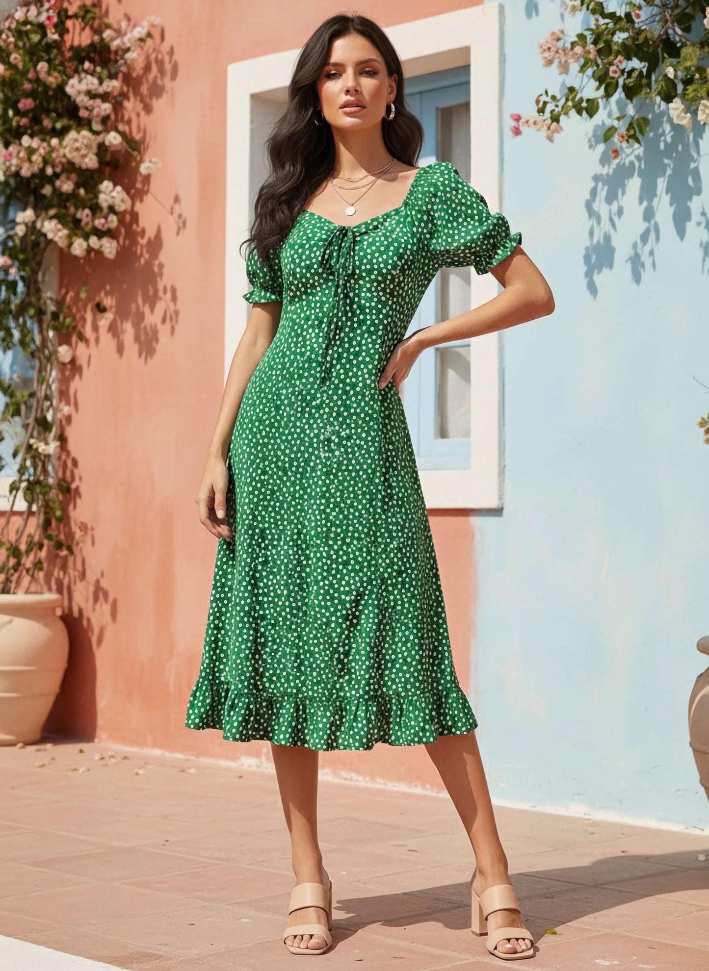 Berrylush Women Green & White Floral Printed Tie-Up Sweetheart Neck Ruffled A-Line Midi Dress