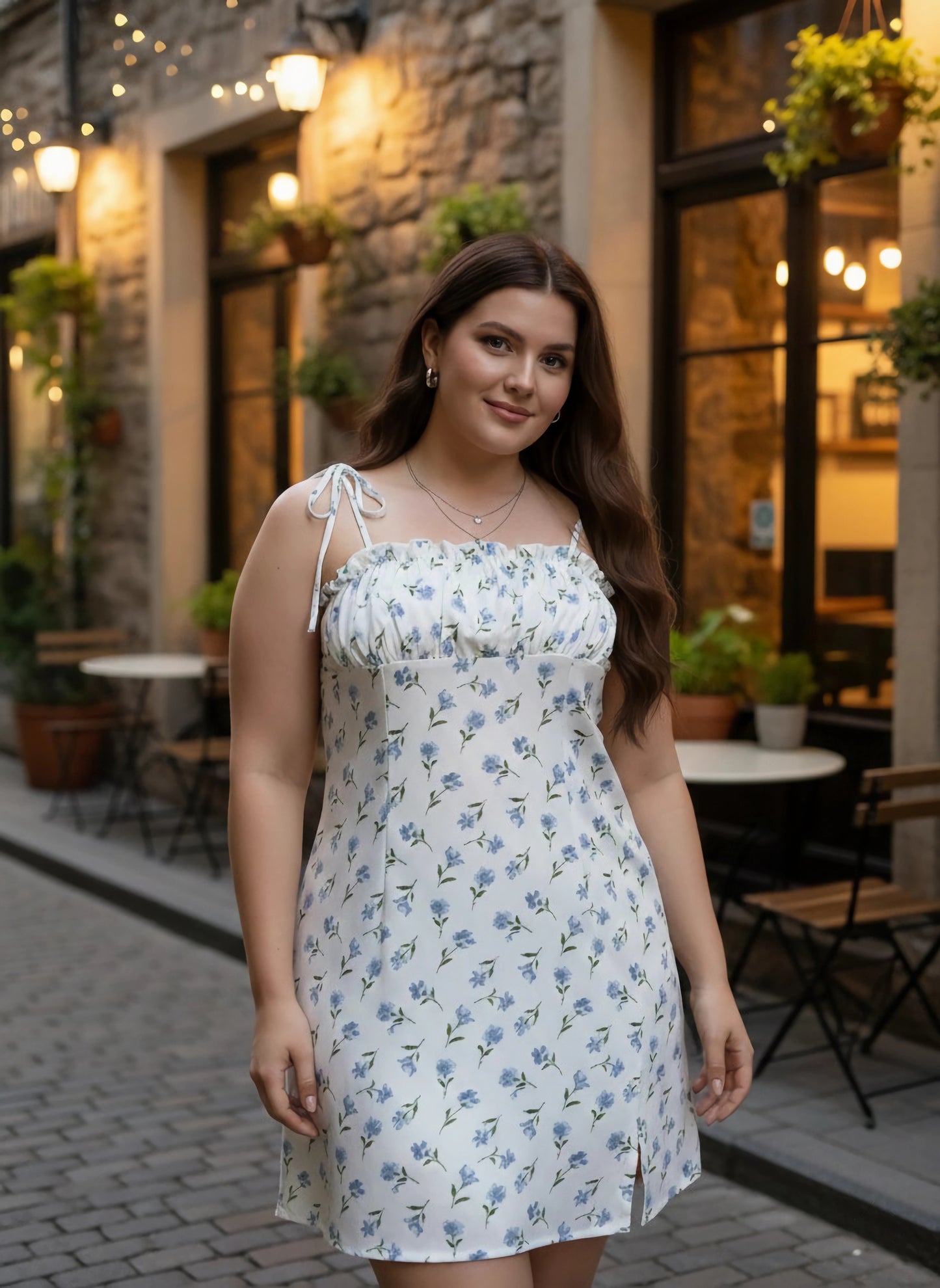 Plus Size White & Blue Floral Printed Square Neck Crepe Side-Slit Pleated A-Line Mini Dress