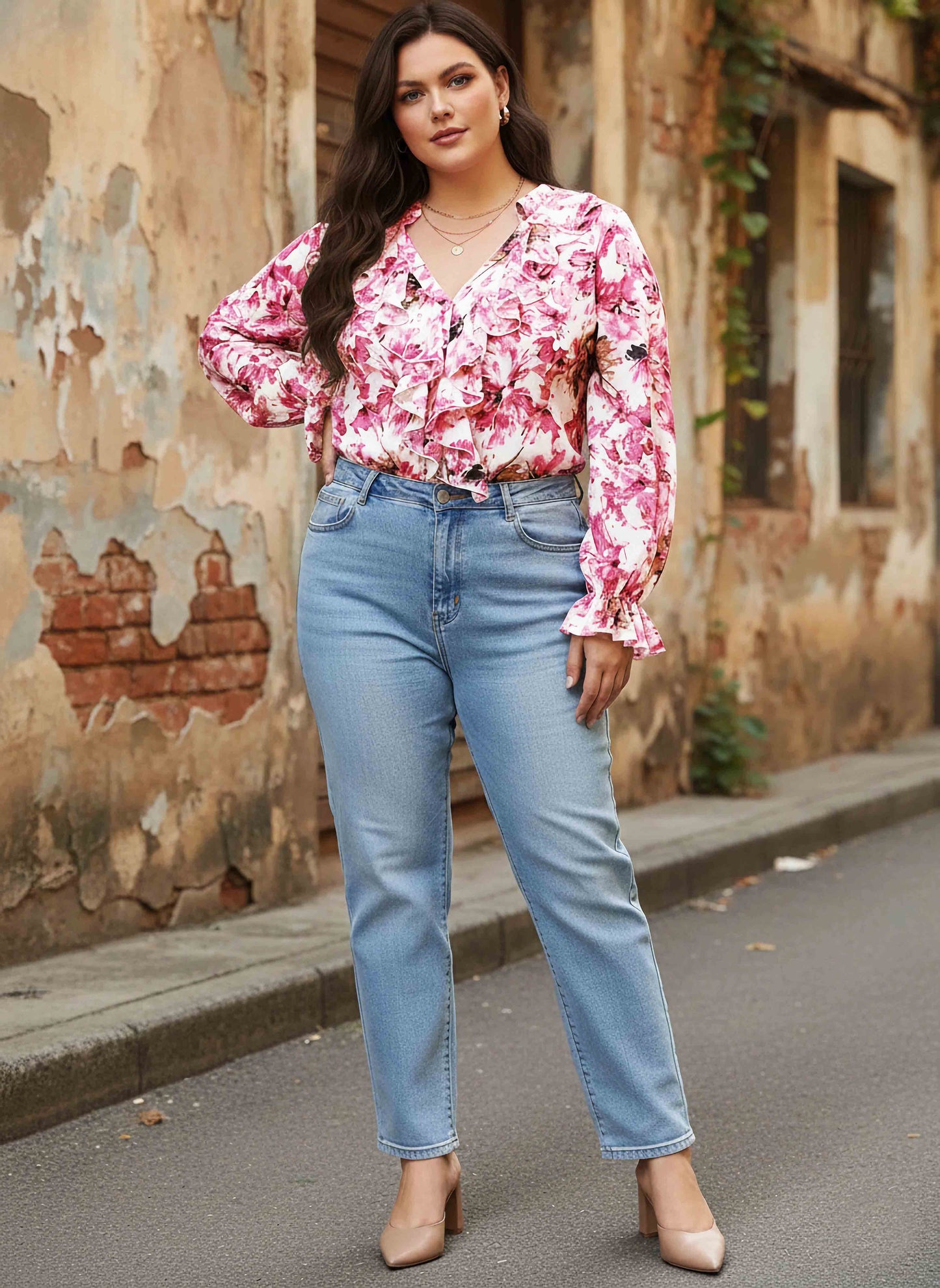 Berrylush Women Plus Size Pink & White Floral Printed V-Neck Button-Up Georgette Ruffled Regular Top