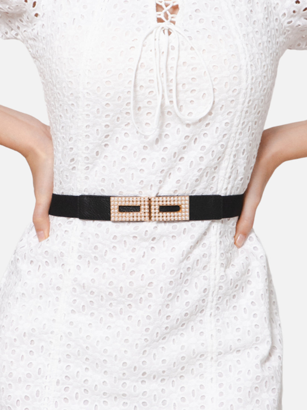 Berrylush Women Solid Black Golden Embellished Pearl Studded PU Nylon Interlock Regular Slim Belt