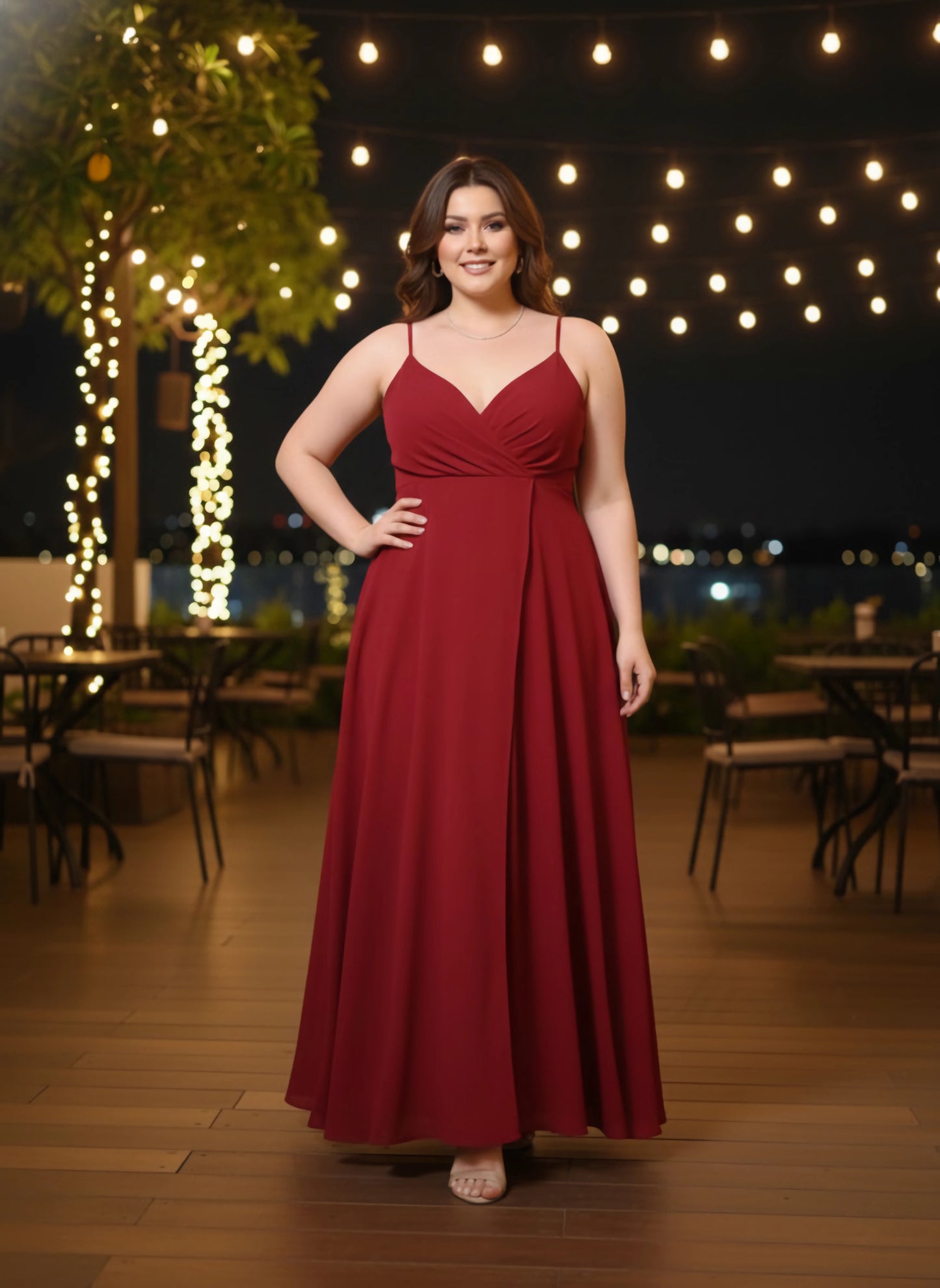 Berrylush Women Plus Size Solid Red V-Neck Sleeveless Crepe Thigh-High Slit Fit & Flare Maxi Dress