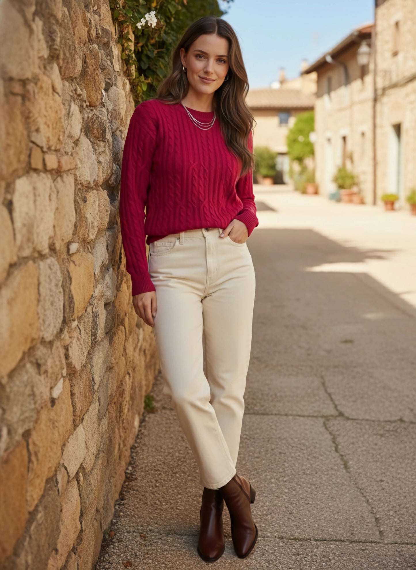 Berrylush Women Solid Red Round Neck Drop-Shoulder Sleeves Acrylic Ribbed Hem Cable Knitted Regular Sweater