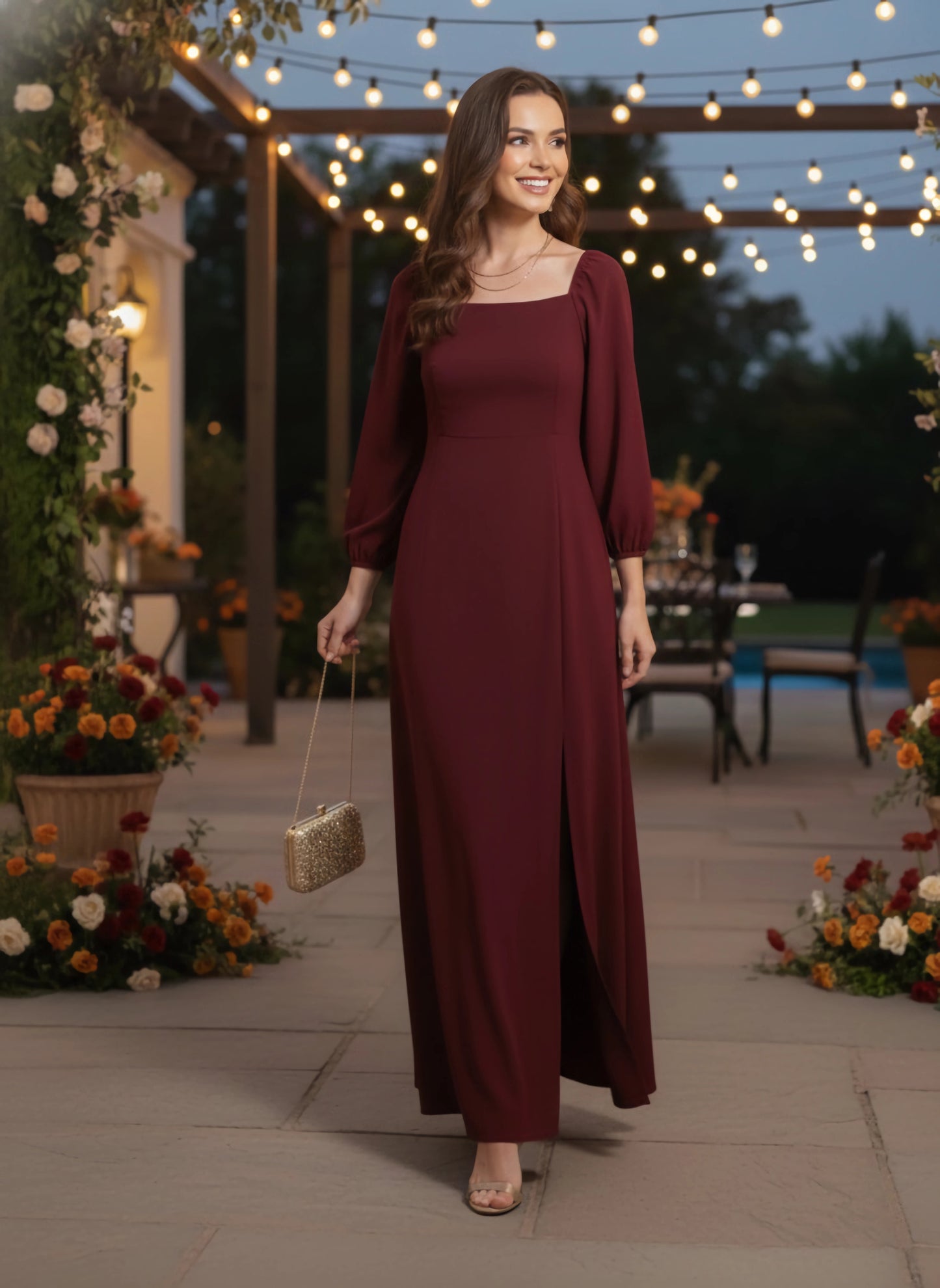 Berrylush Women Solid Maroon Square Neck Puff Sleeves Crepe Flared Max