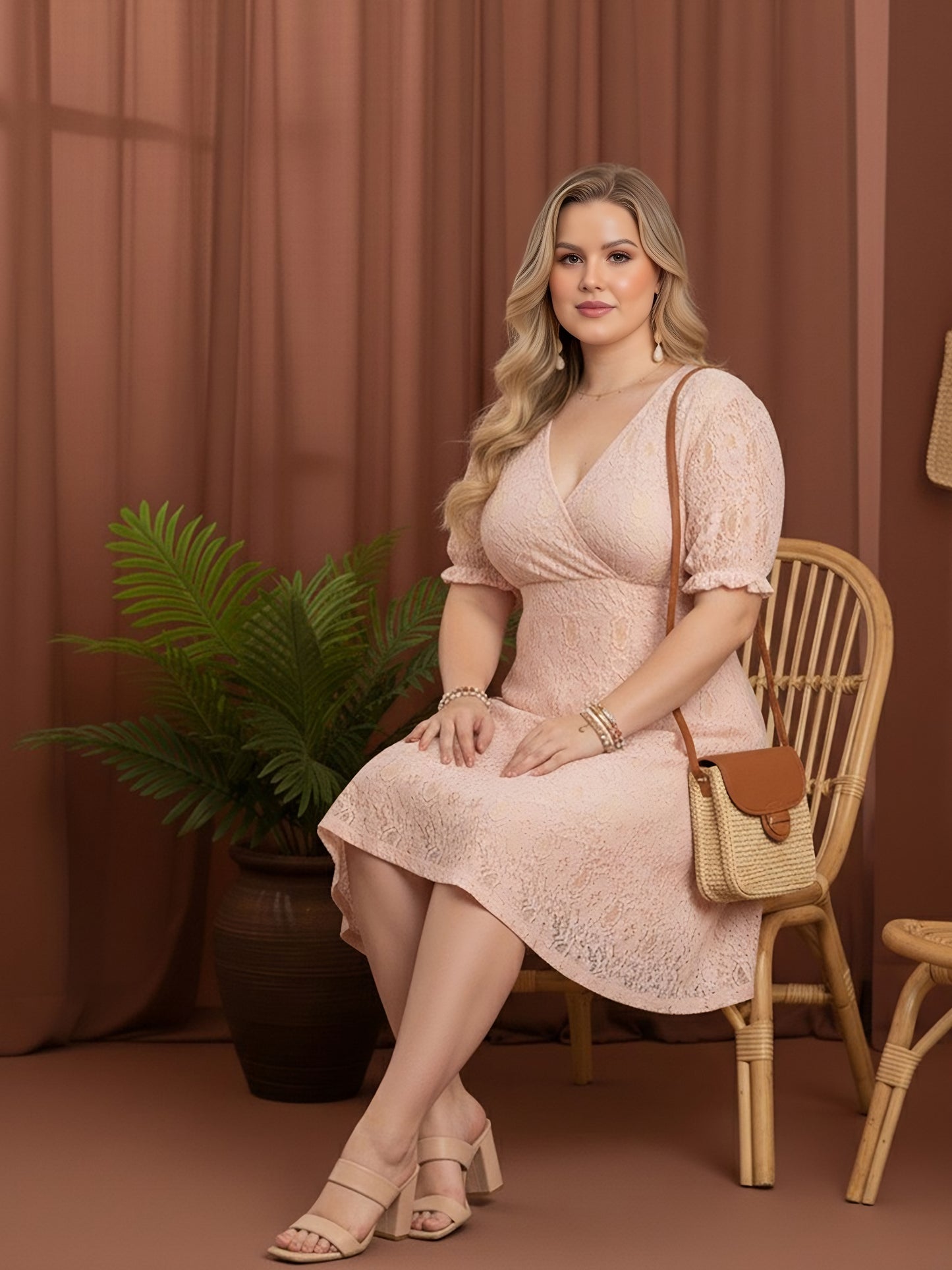 Berrylush Curve Women Pink Surplice Neck Puff Sleeve Lace Dress