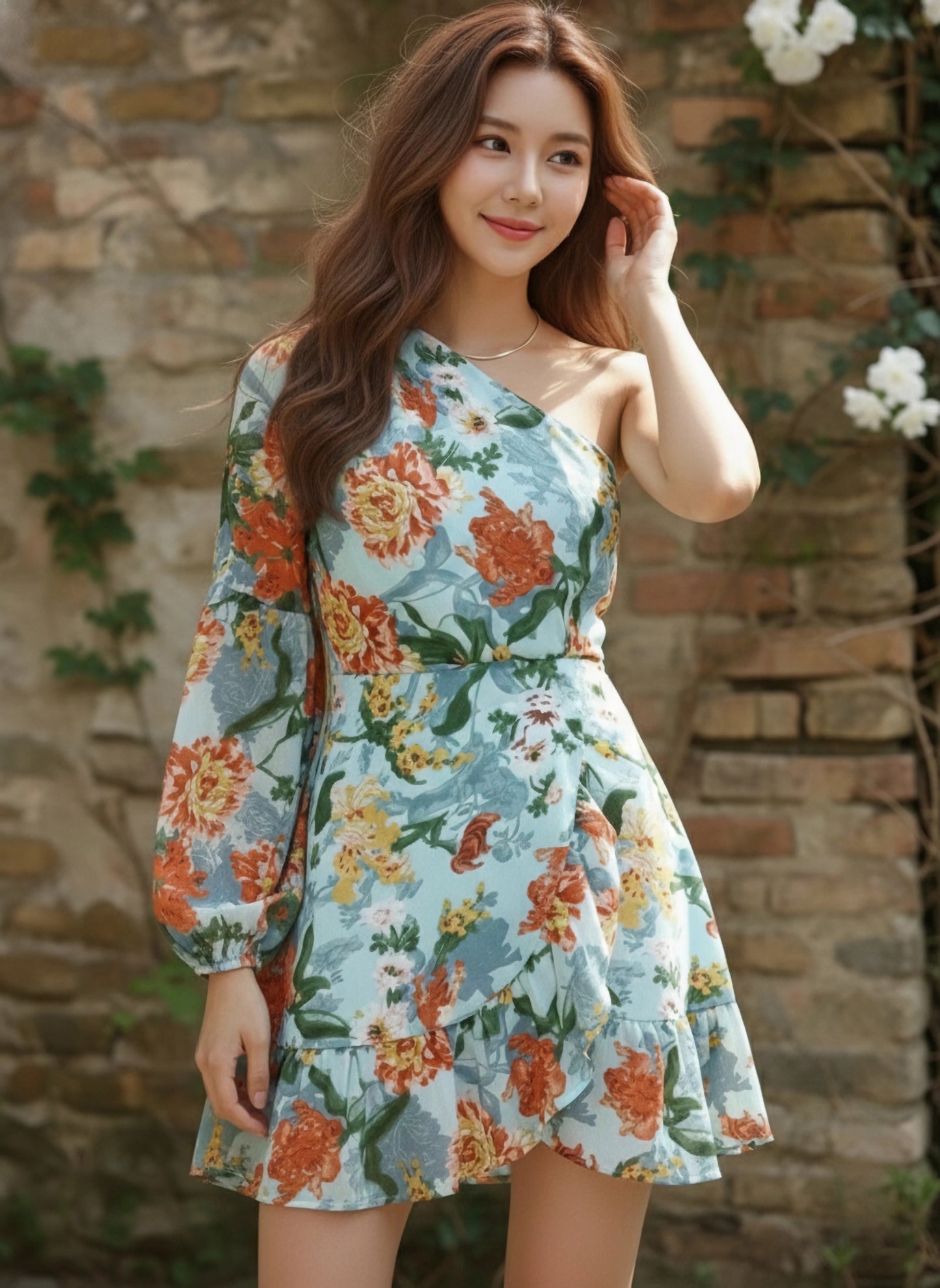 Berrylush Women Blue & Orange Floral Printed One-Shoulder Neck Tulip Ruffled A-Line Mini Dress