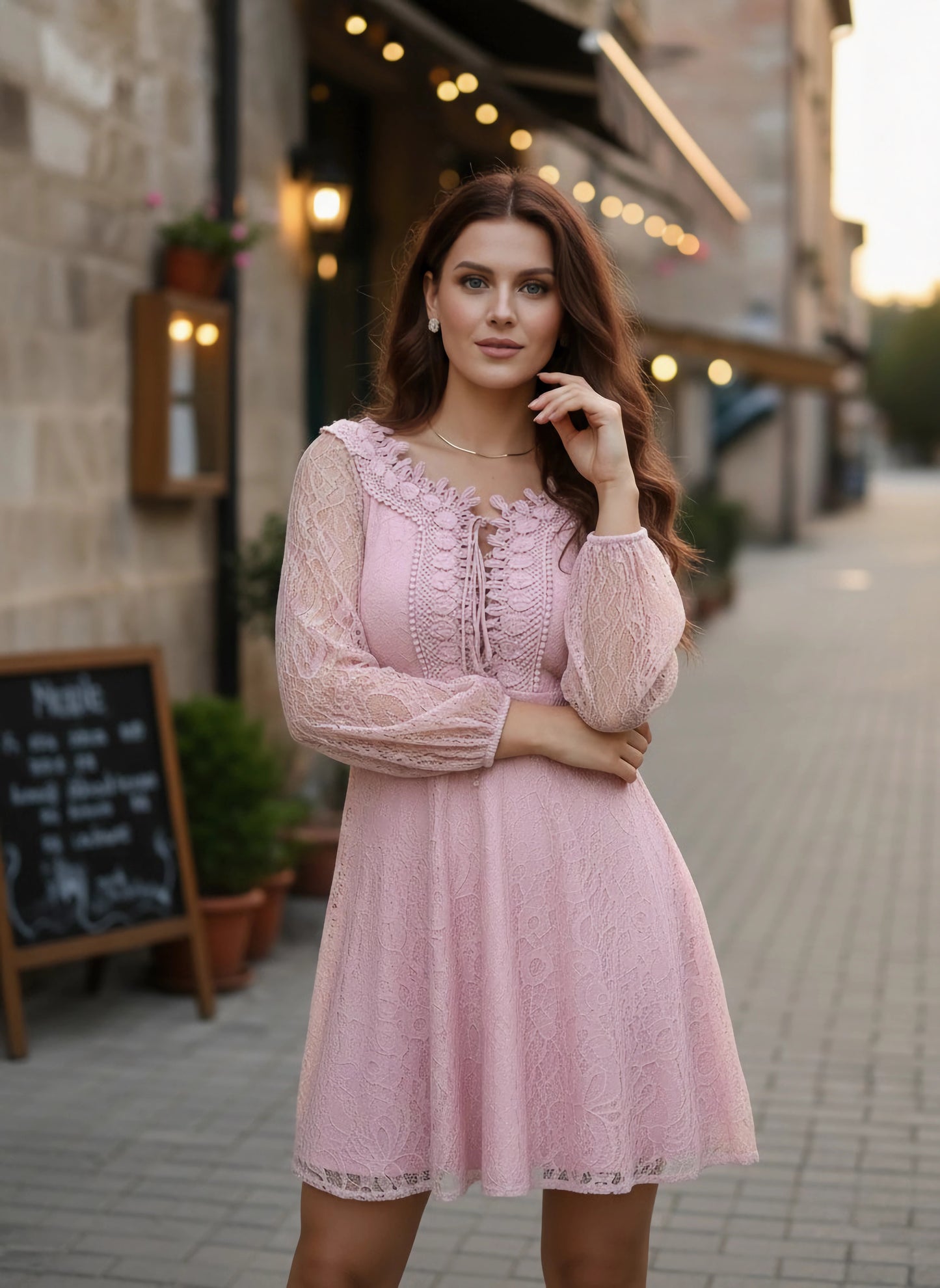 Pink Floral Pattern V-Neck Bishop Sleeves Lace-up Ruffled A-Line Mini Dress
