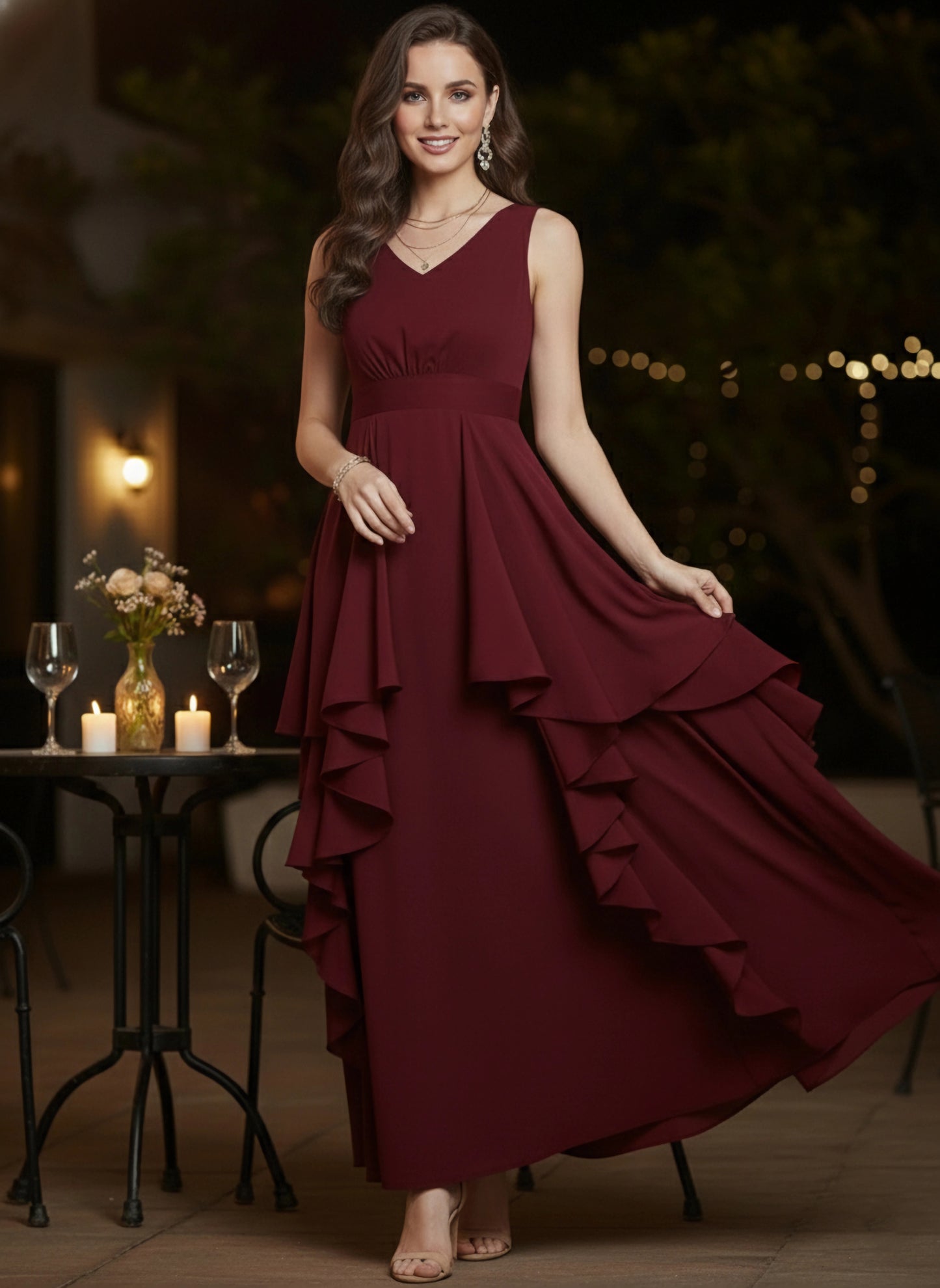 Berrylush Women Solid Maroon V-Neck Crepe Asymmetrical Hem Ruffled Maxi Dress