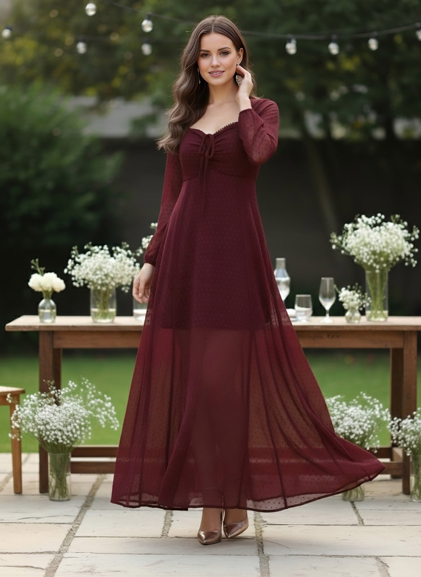 Berrylush Women Solid Maroon Dobby Weave Sweetheart Neck Tie-Up Backless Georgette Layered Fit & Flare Maxi Dress