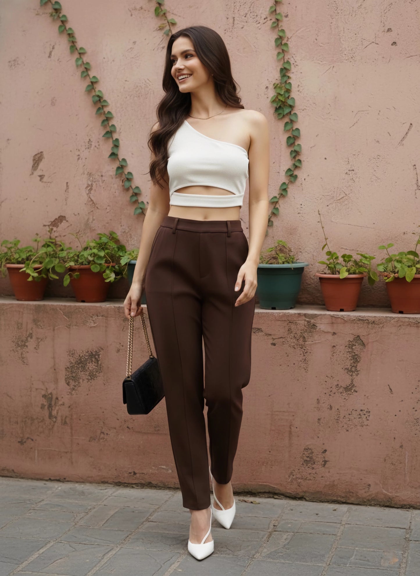 Berrylush Women Solid White One-Shoulder Neck Front Cutout Knitted Crop Top