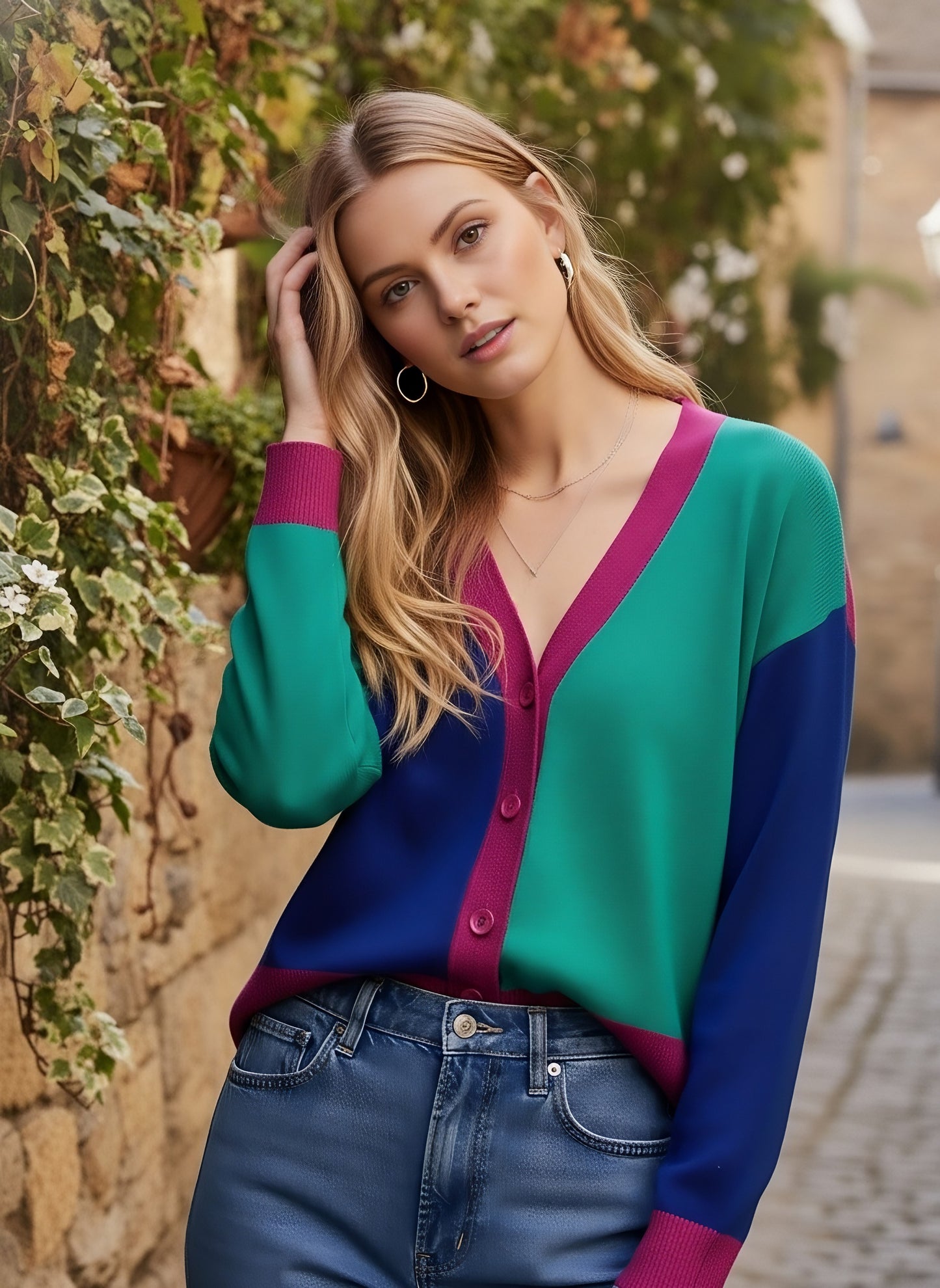 Berrylush Women Colourblocked Pink, Green, & Blue V-Neck Drop-Shoulder Sleeves Front Button-Up Straight Hem Knitted Regular Cardigan