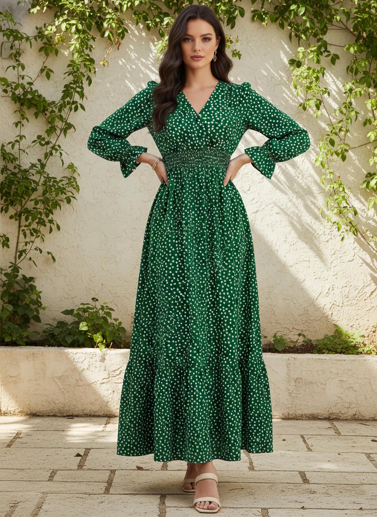 Berrylush Women Green & White Floral Printed V-Neck Bishop Sleeves Flounce Hem Ruffled A-Line Maxi Dress